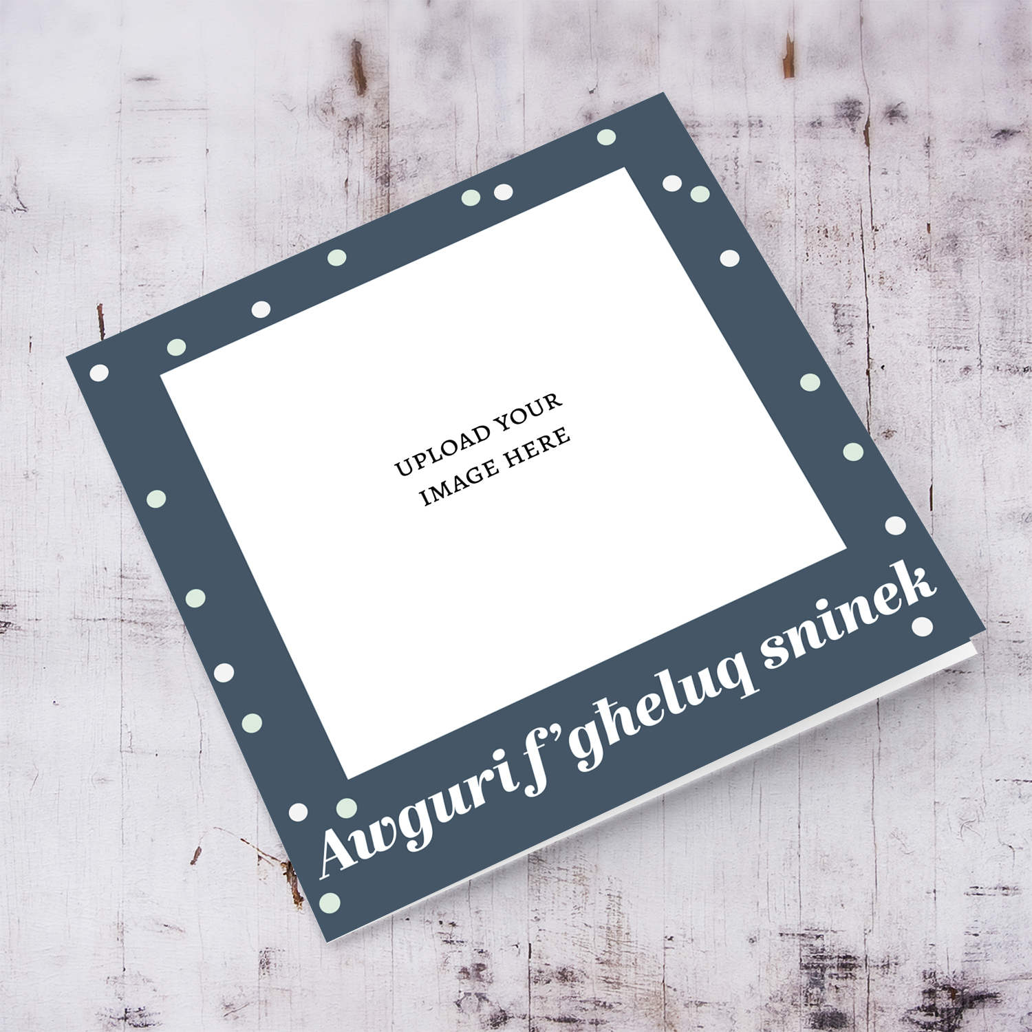 A photo happy birthday card in dark blue/gray background with scattered spots in Maltese