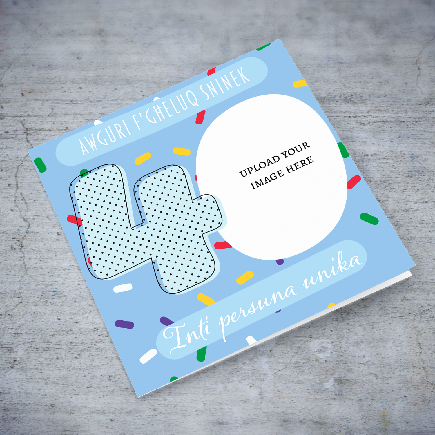 A 40th Birthday photo card in blue background with coloruful confetti, for someone unique in Maltese