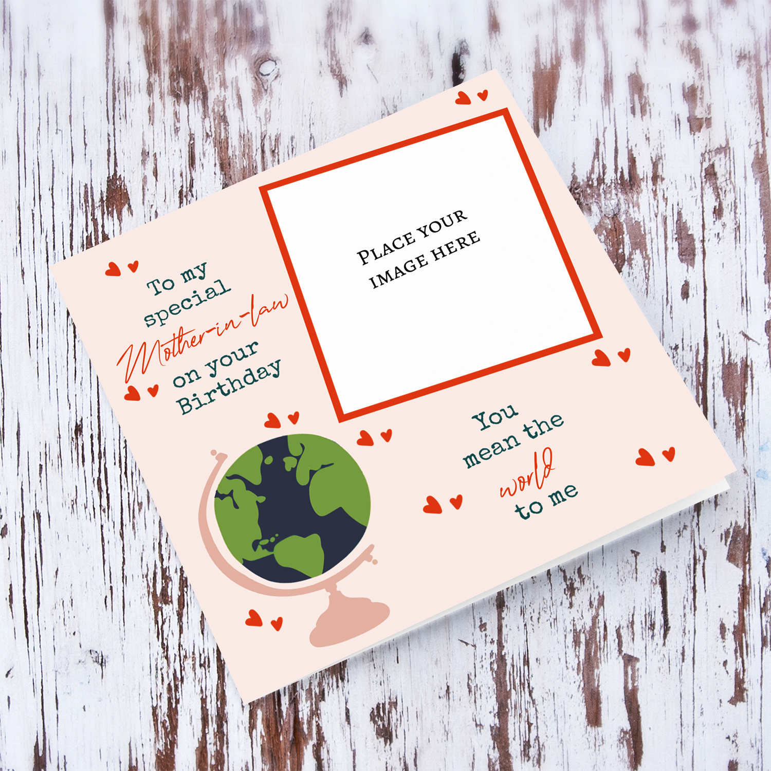 You mean the world to me - Photo card for Mother-in-law in pink background, scattered hearts and a globe in English