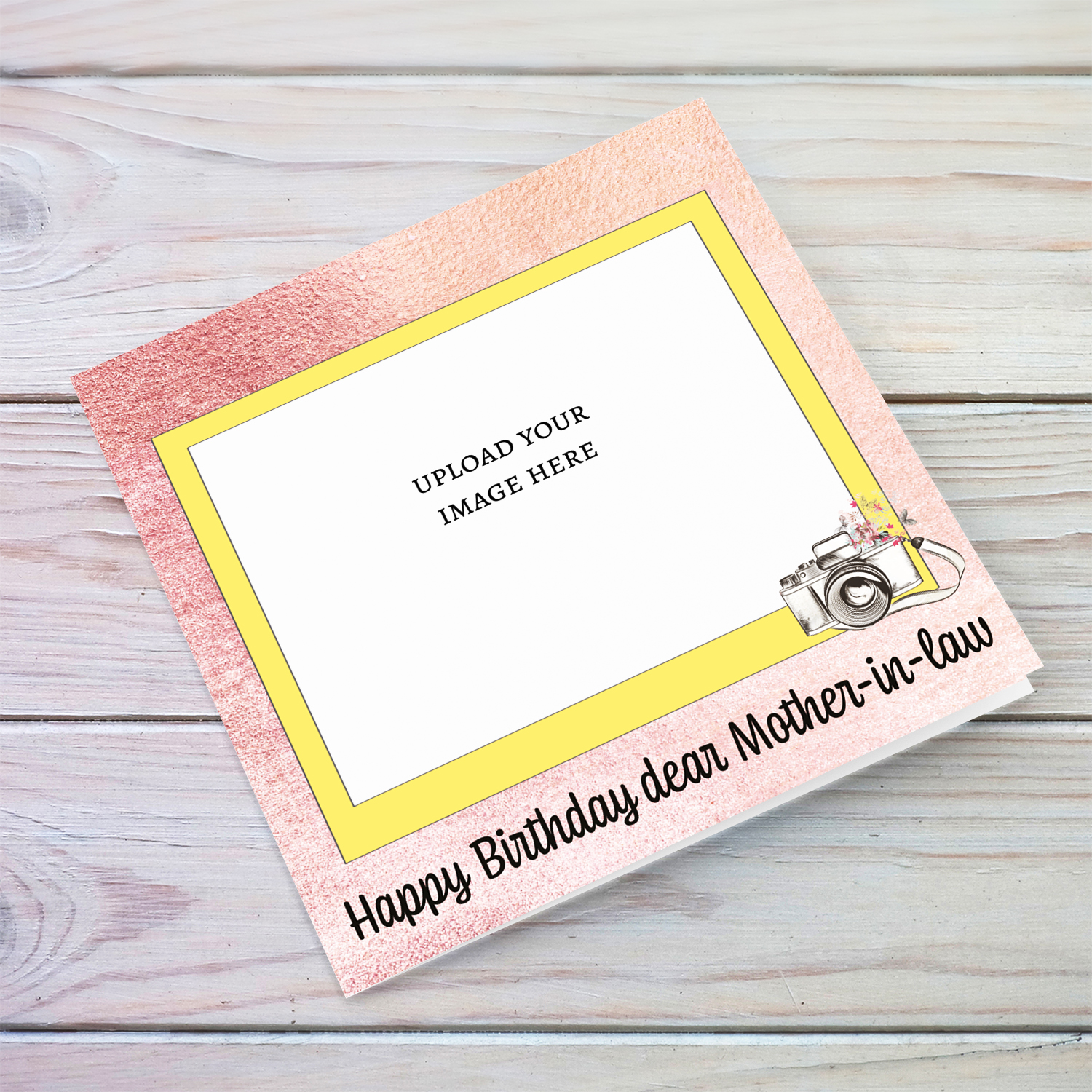 Photo birthday card for mother-in-law in pink background and yellow photo frame in English