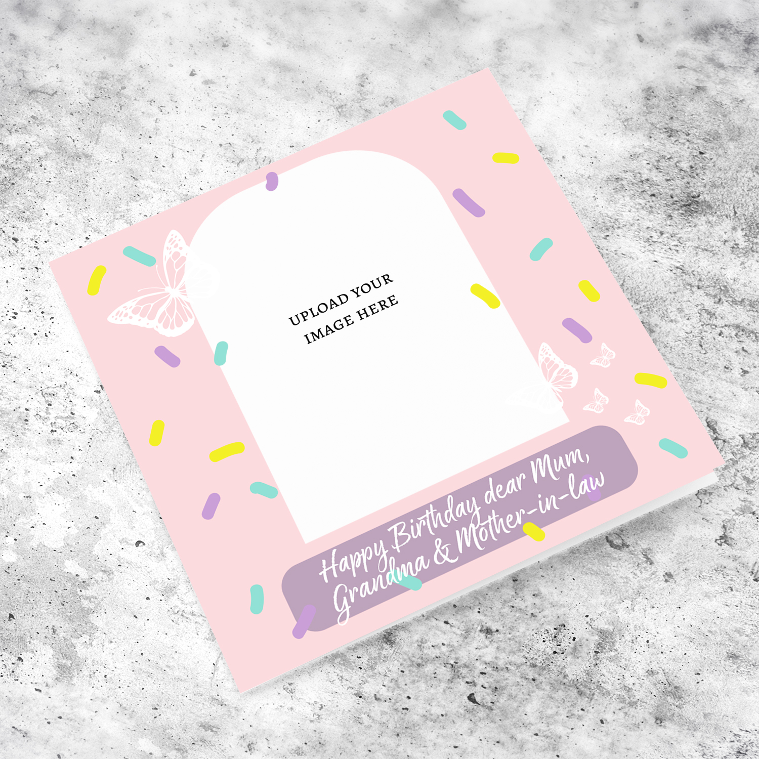 A beautiful photo birthday card for Mum, Grandma & Mother-in-law, in pink background, colourful confetti and scattered white butterflies in English