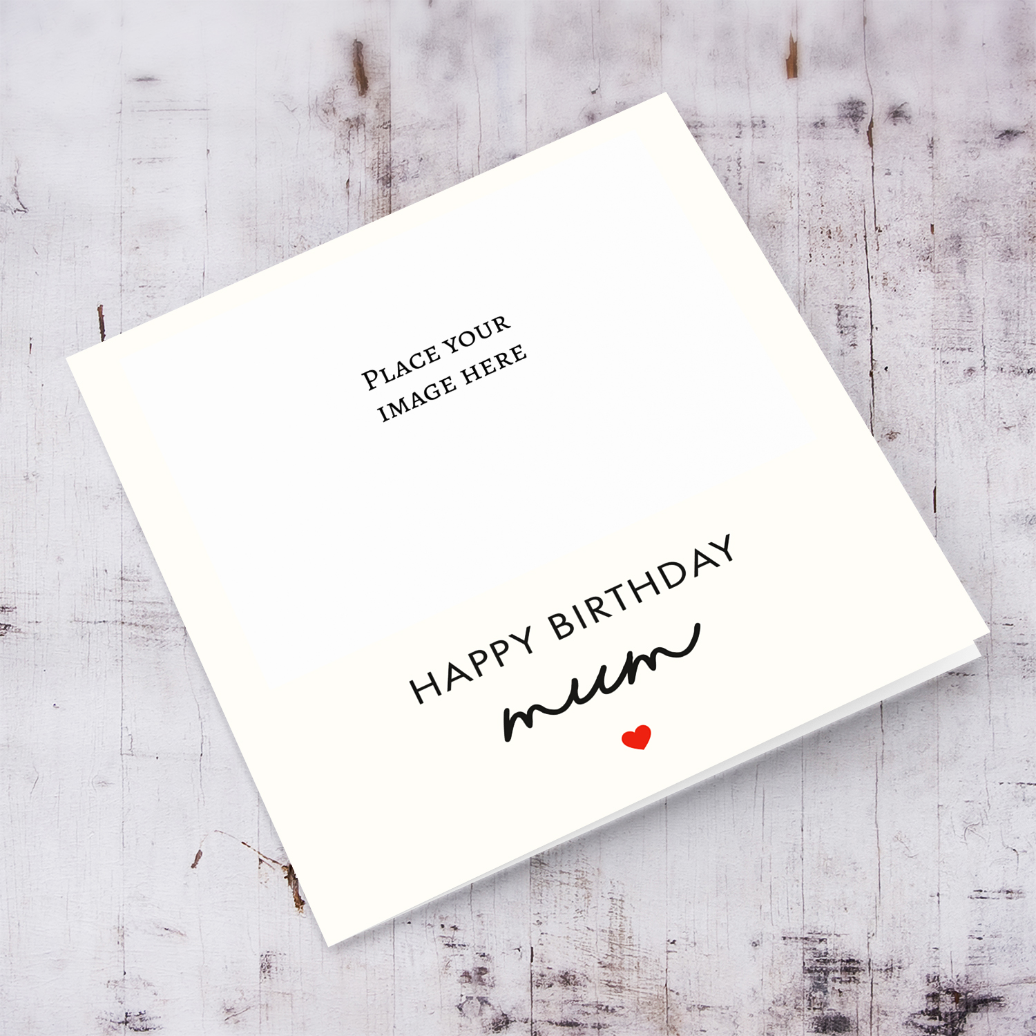 Minimalist photo birthday card for Mum with cream background and red heart in English