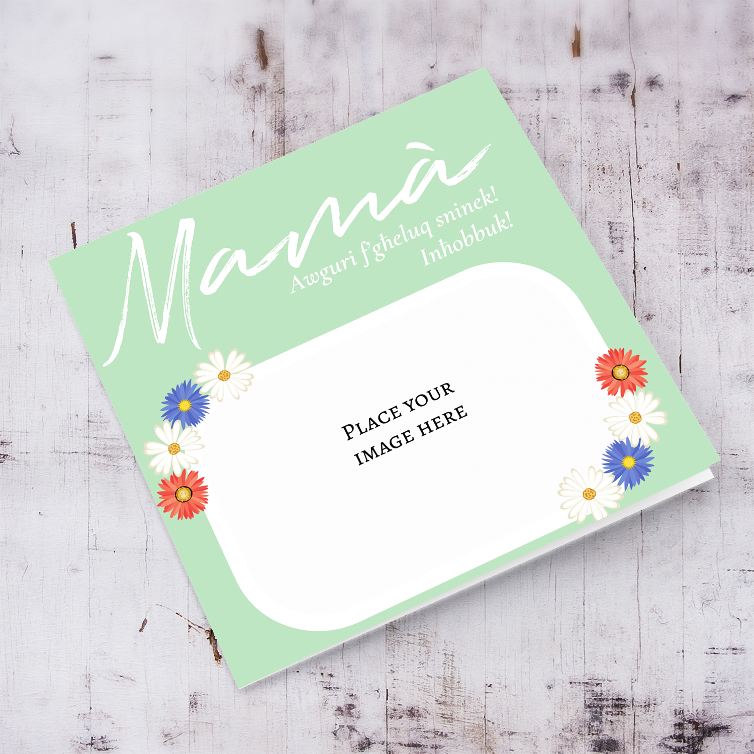 Photo birthday card for mother / mum in mint coloured background, white text and floral border near photo in Maltese 