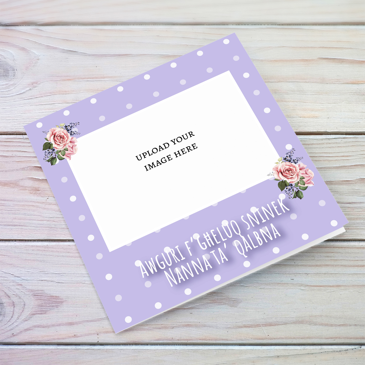Grandma - Photo birthday card for grandma with purple dotted background and flowers in Maltese
