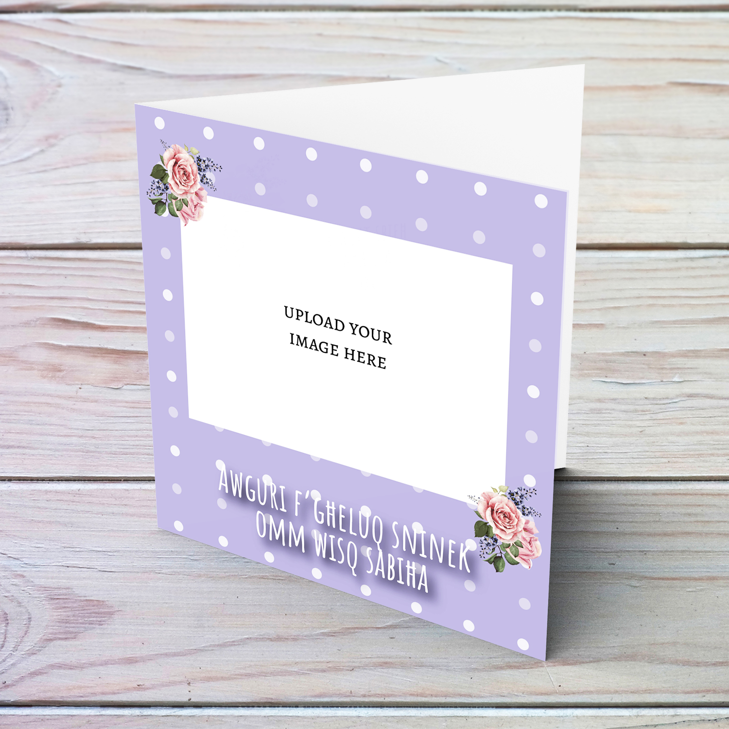 Mother - Photo birthday card for mother with purple dotted background and flowers in Maltese