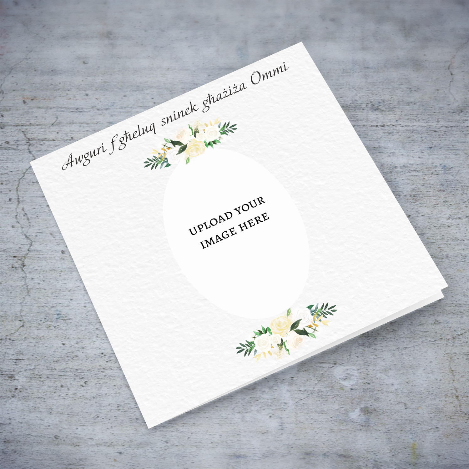 A petite photo birthday card for Mother with white florals in Maltese