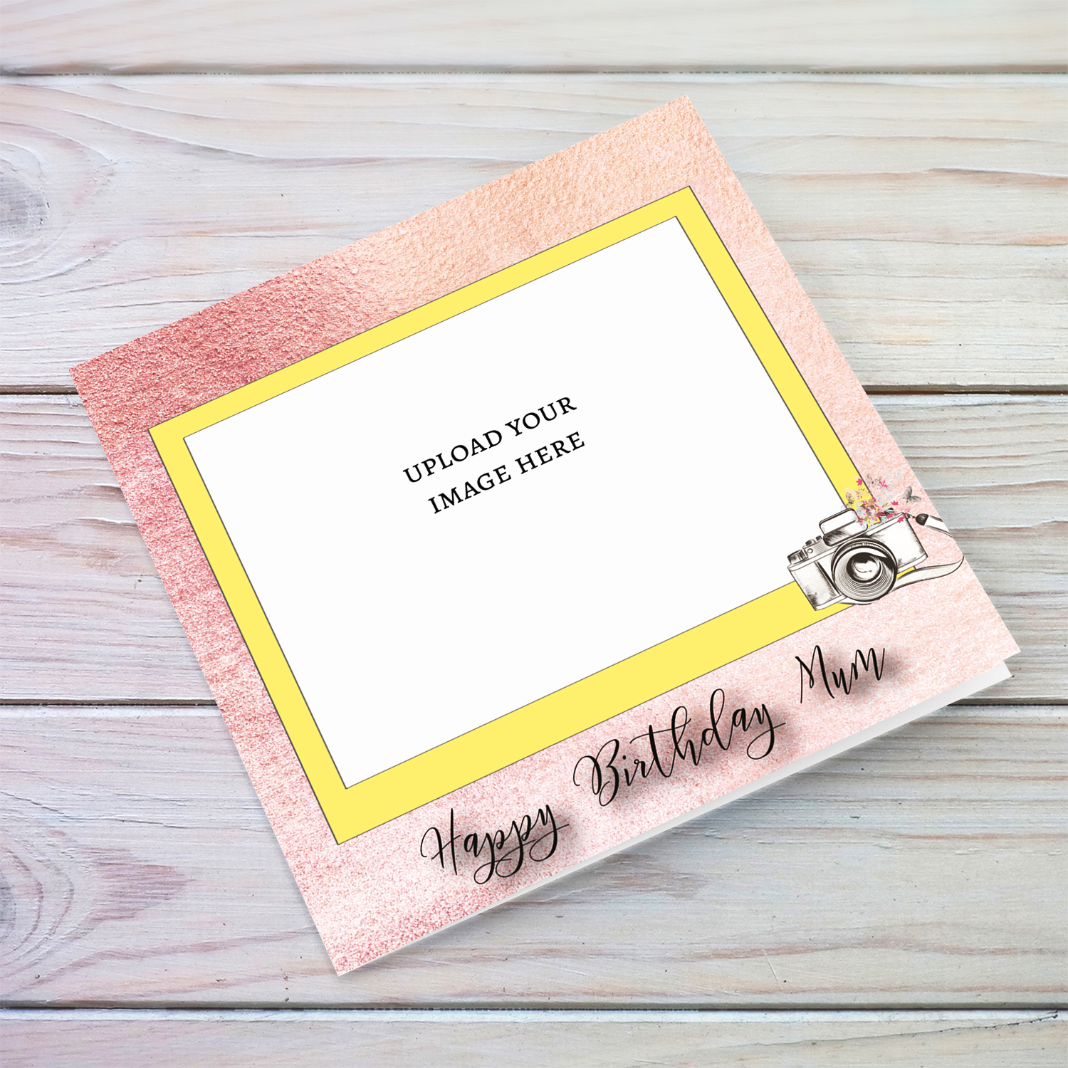 Photo birthday card for mum in pink background and yellow photo frame in English