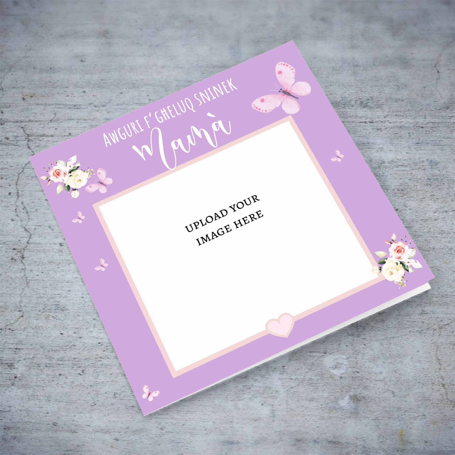 Photo birthday card for Mum in purple background, butterflies, and flowers in Maltese