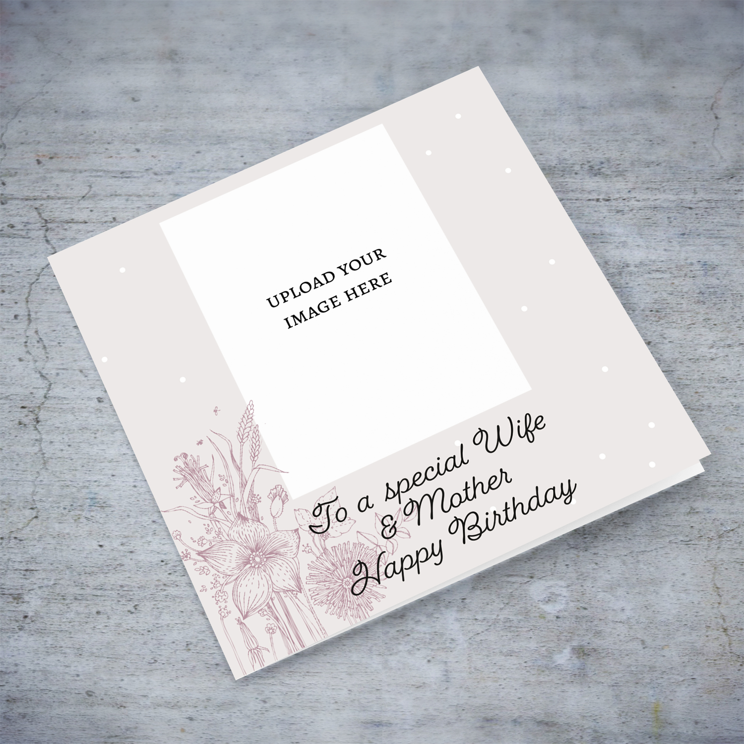 Neutral colour photo birthday card with flowers to Wife & Mother in English
