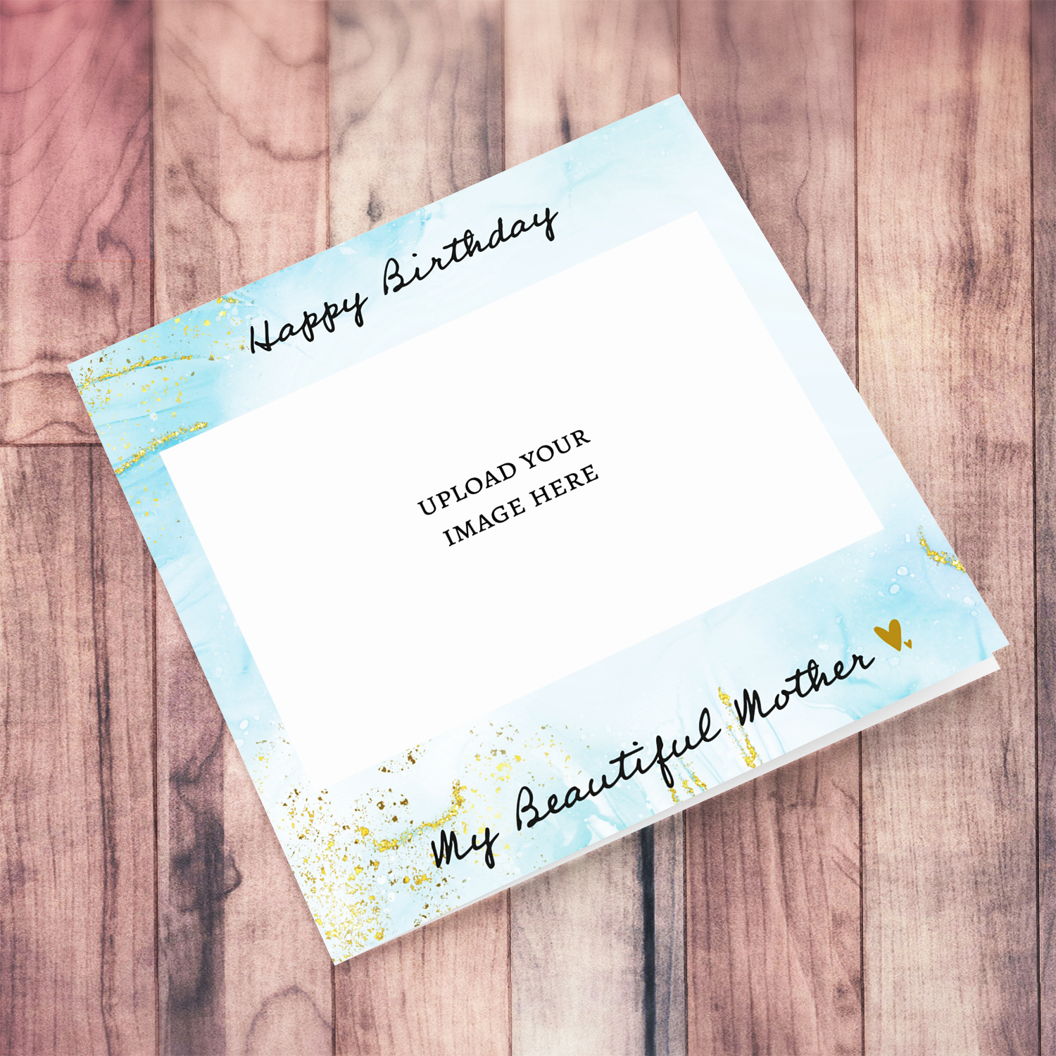 Light blue background with gold touches photo birthday card for mother in English