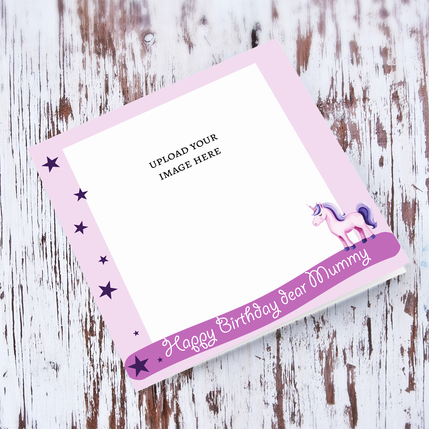A cute photo birthday card with unicorn and stars in lilac background colour - for mummy in English