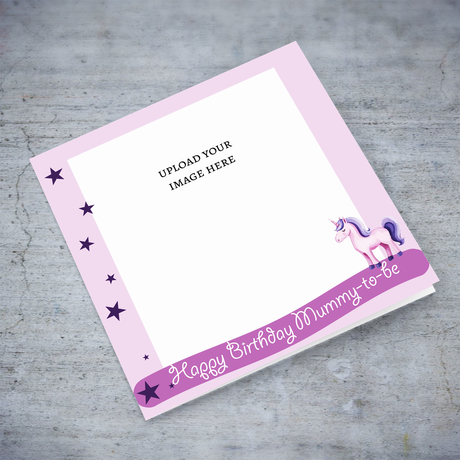 A cute photo birthday card with unicorn and stars in lilac background colour - for mummy-to-be in English