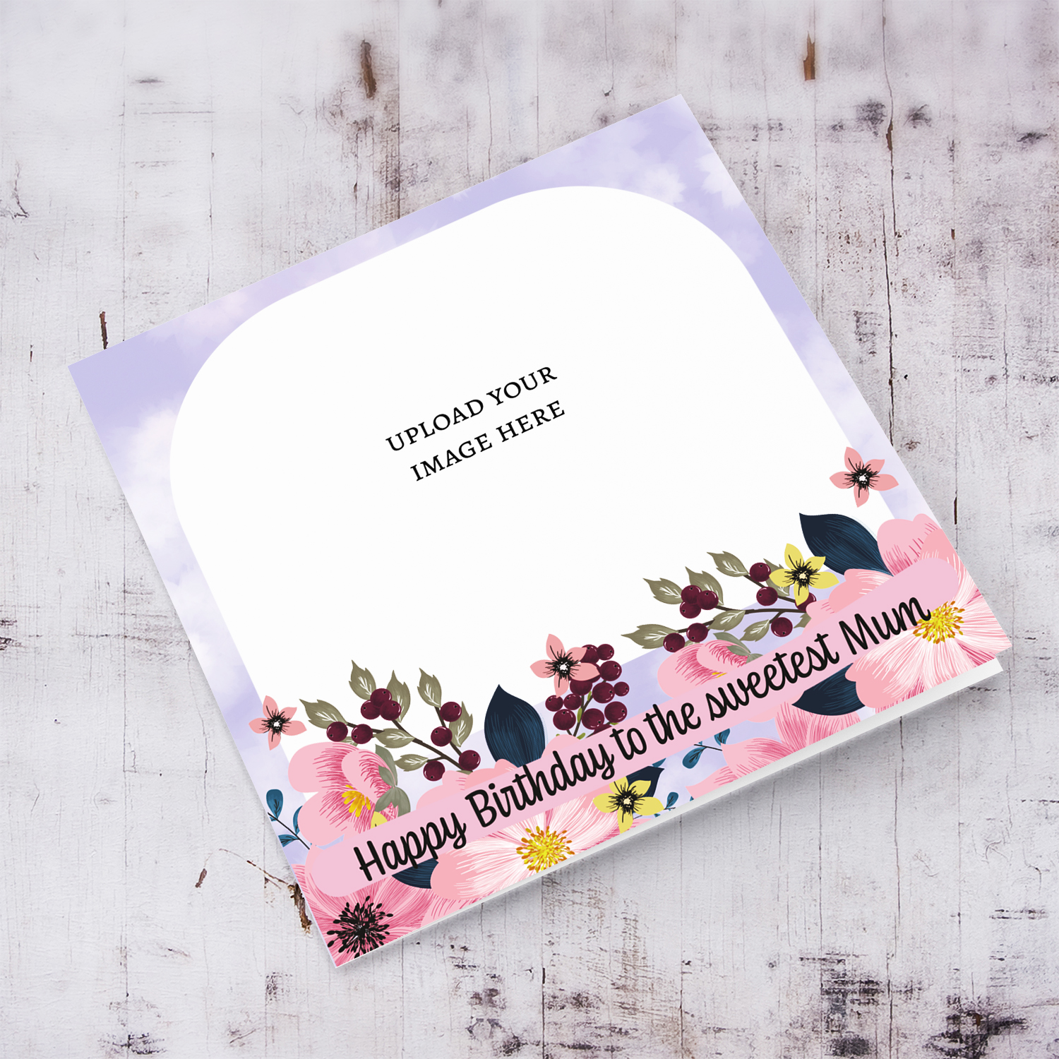 A beautiful photo card in purple background, featuring florals on the bottom - to the sweetest Mum in English
