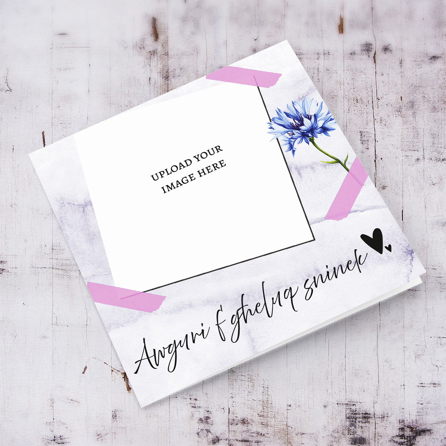 Photo birthday card for someone dear with blue flower and pink tape in Maltese
