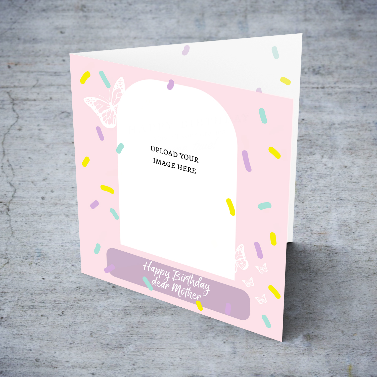 A beautiful photo birthday card for Mother, in pink background, colourful confetti and scattered white butterflies in English