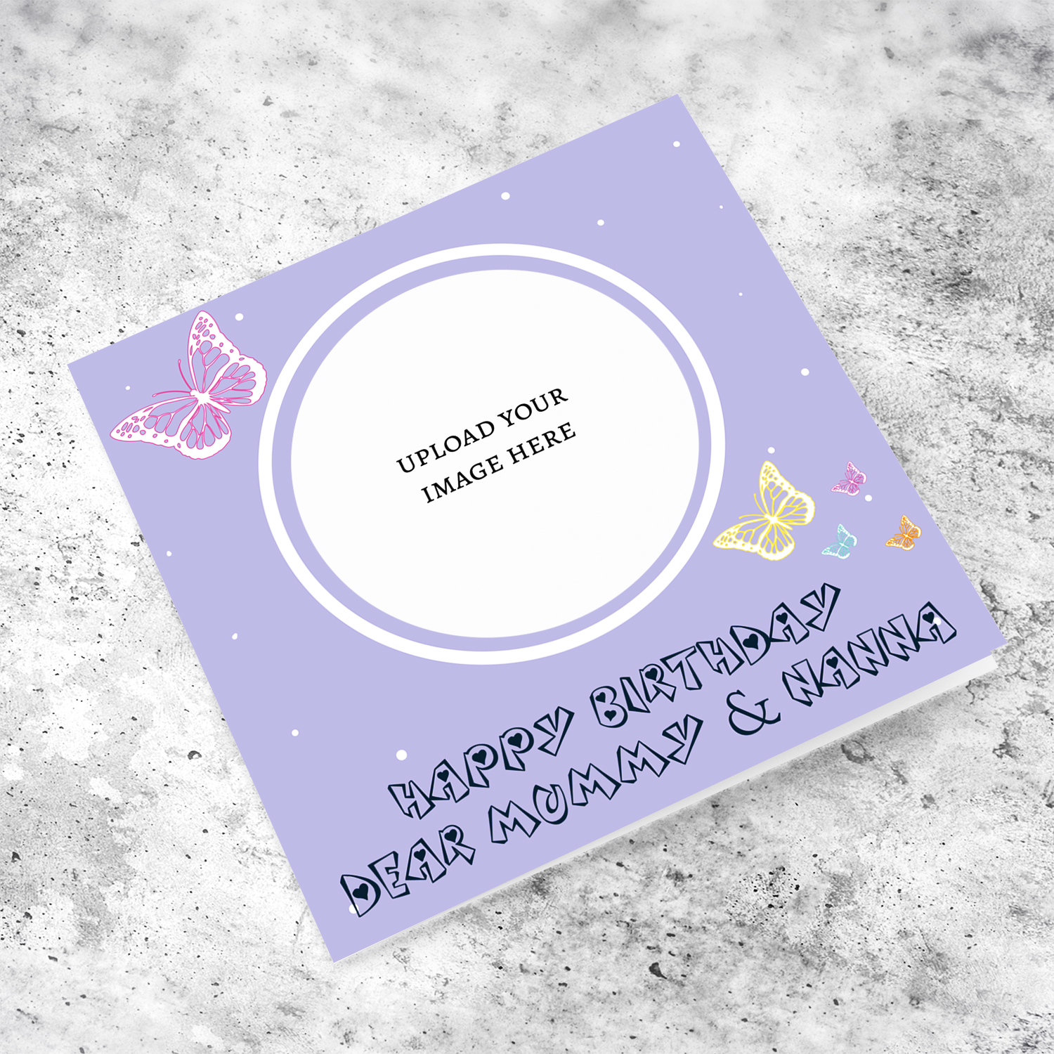 A cute photo birthday card for Mummy & Nanna in a light purple background with colourful butterflies in English
