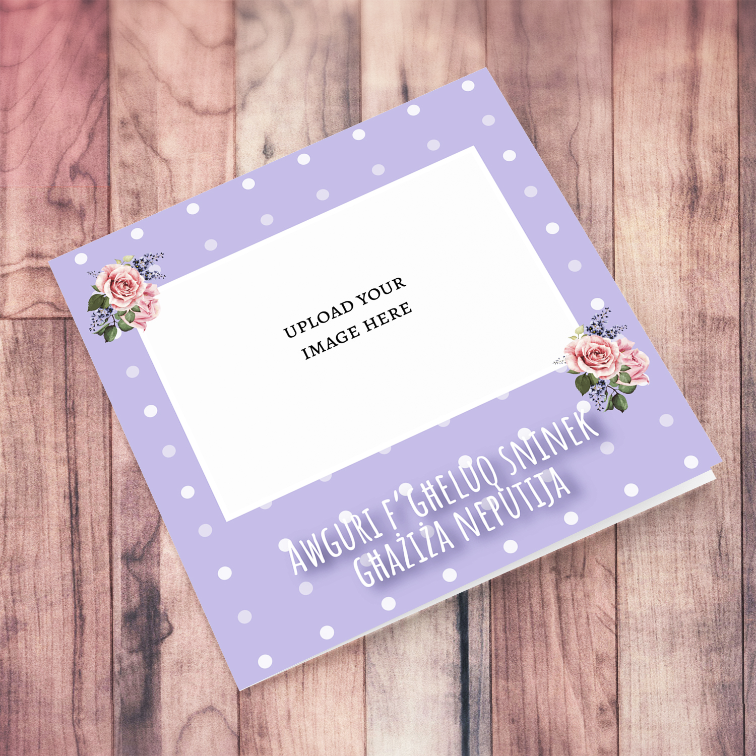 Niece - Photo birthday card for niece with purple dotted background and flowers in Maltese