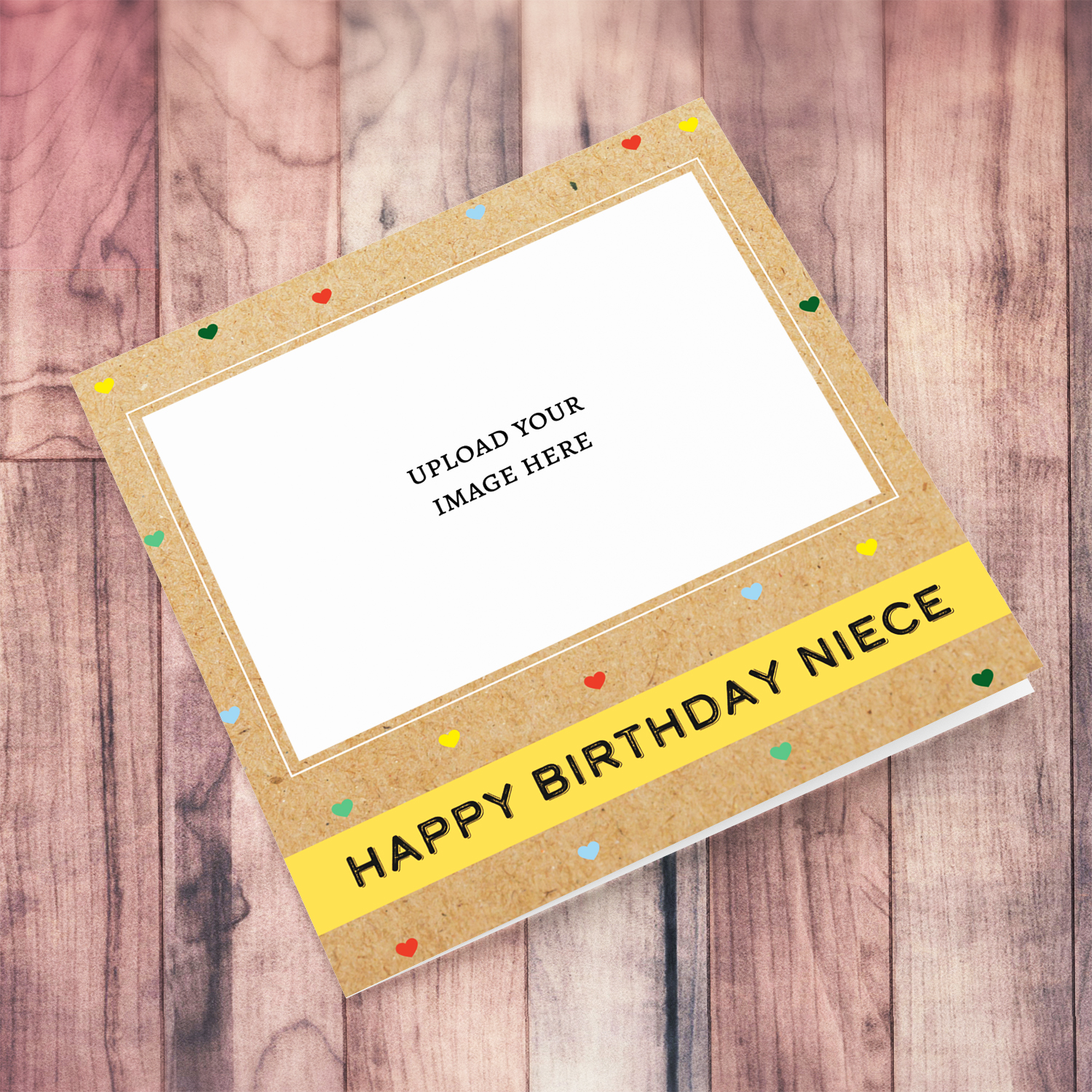 Photo birthday card for Niece with colourful scattered hearts in English