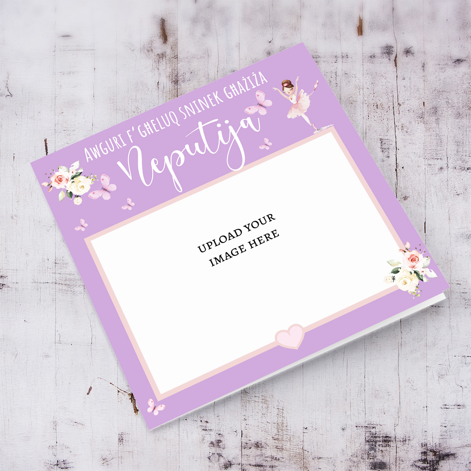 Photo birthday card for niece in purple background, butterflies, flowers and ballerina in Maltese