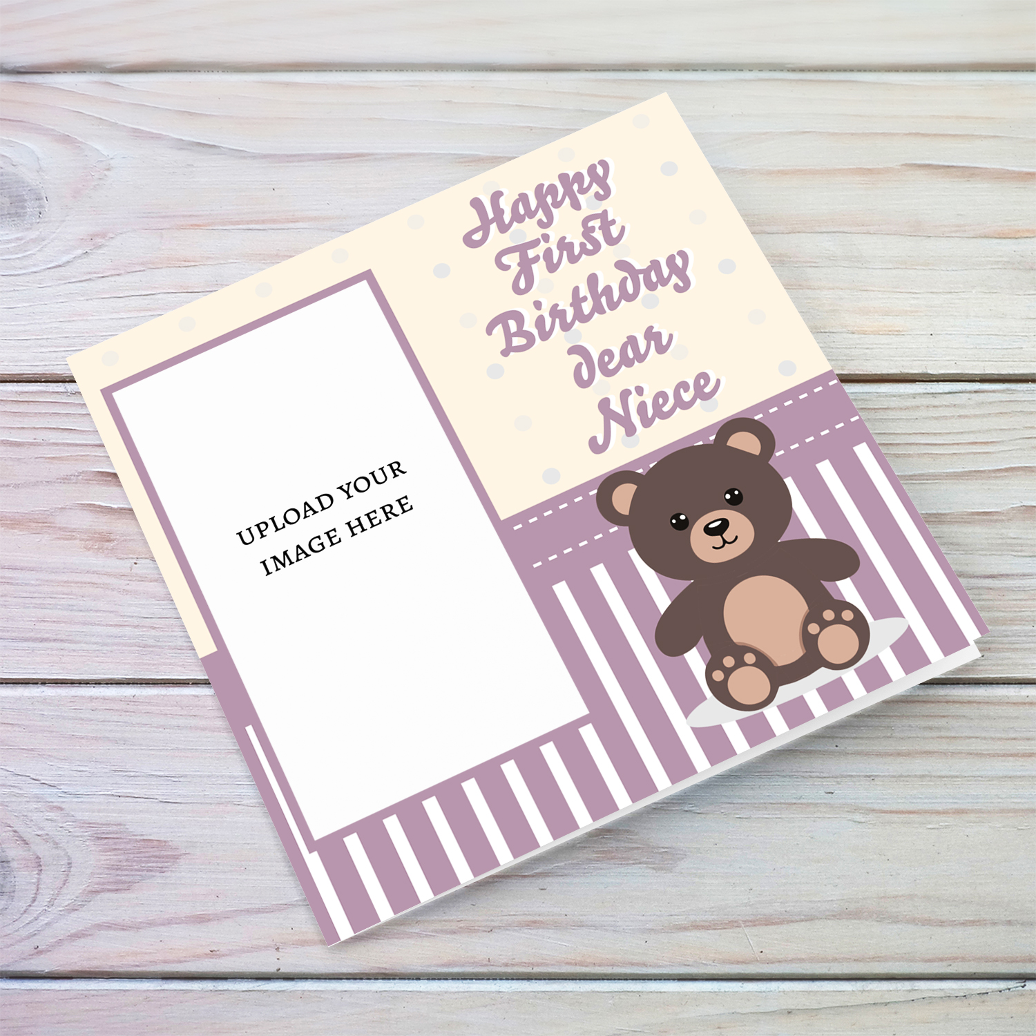 A cute photo card for niece's first birthday in spotted light cream background and shades of pink and white in English