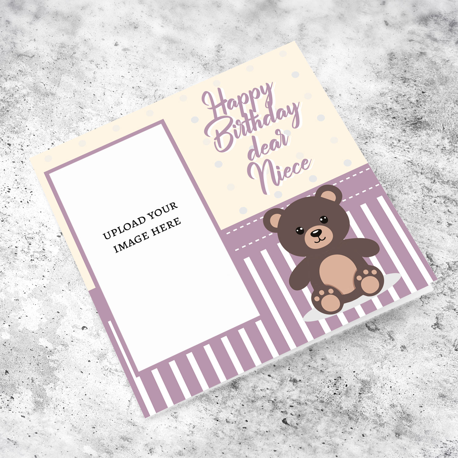 A cute photo card for niece's birthday in spotted light cream background and shades of pink and white in English