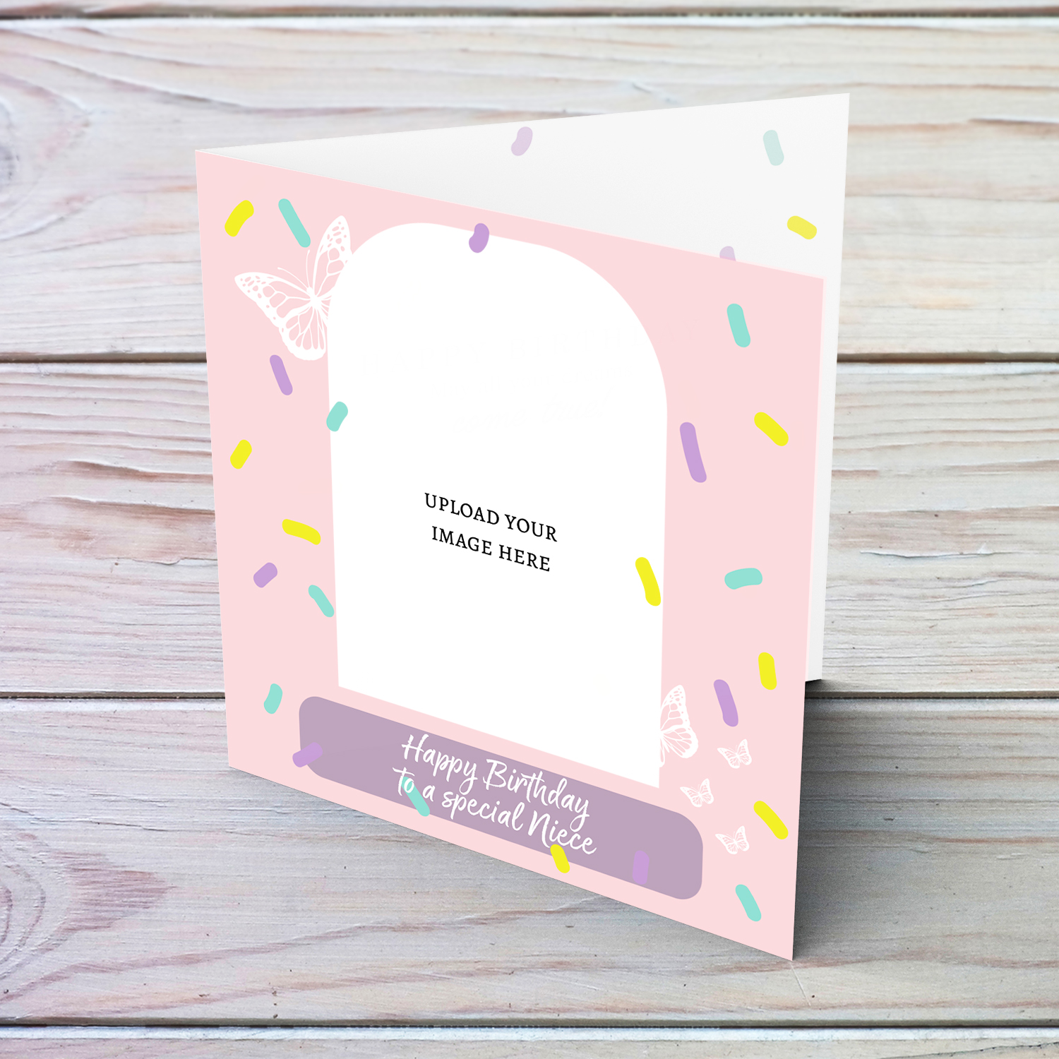 A beautiful photo birthday card for NIECE, in pink background, colourful confetti and scattered white butterflies in English