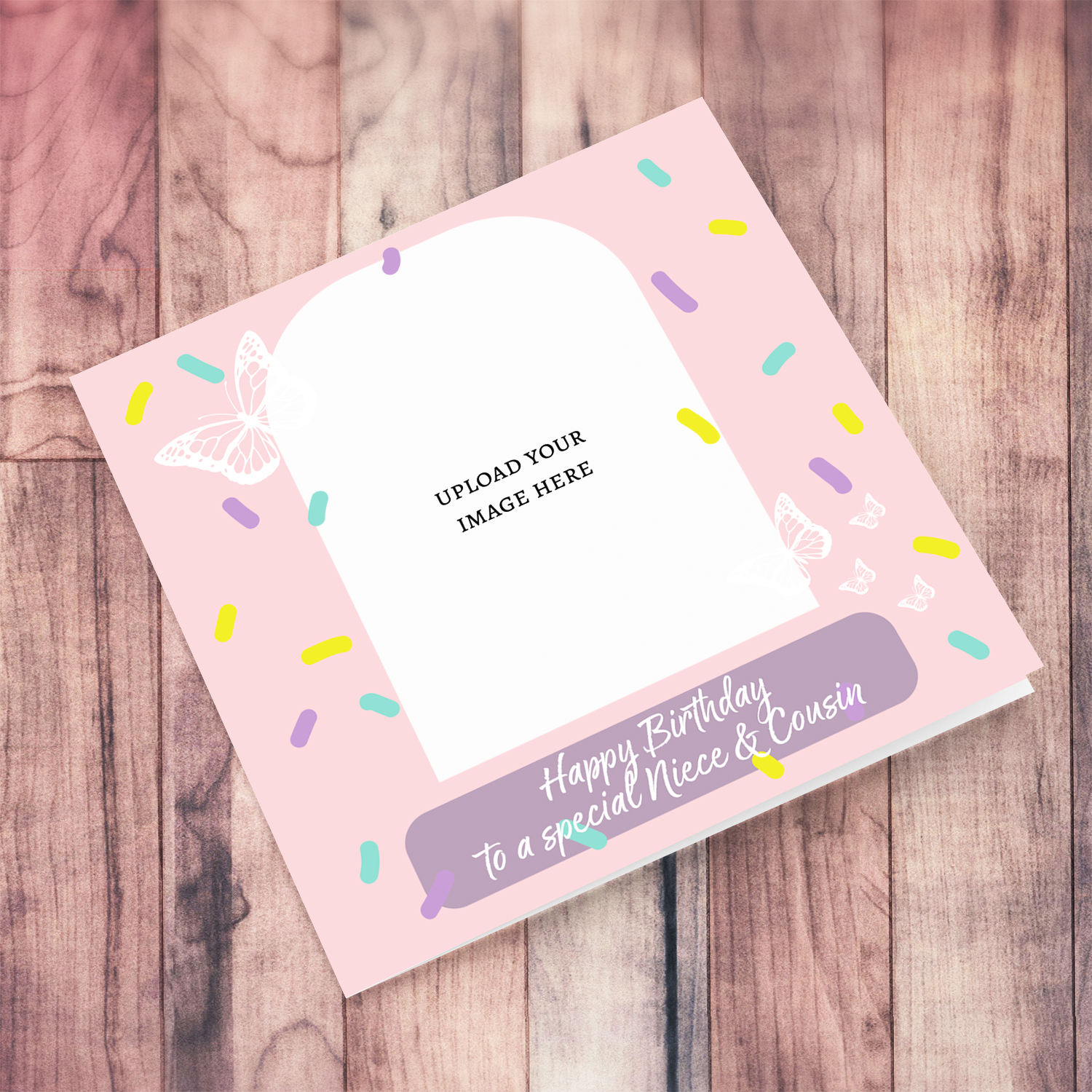 A beautiful photo birthday card for NIECE & COUSIN, in pink background, colourful confetti and scattered white butterflies in English