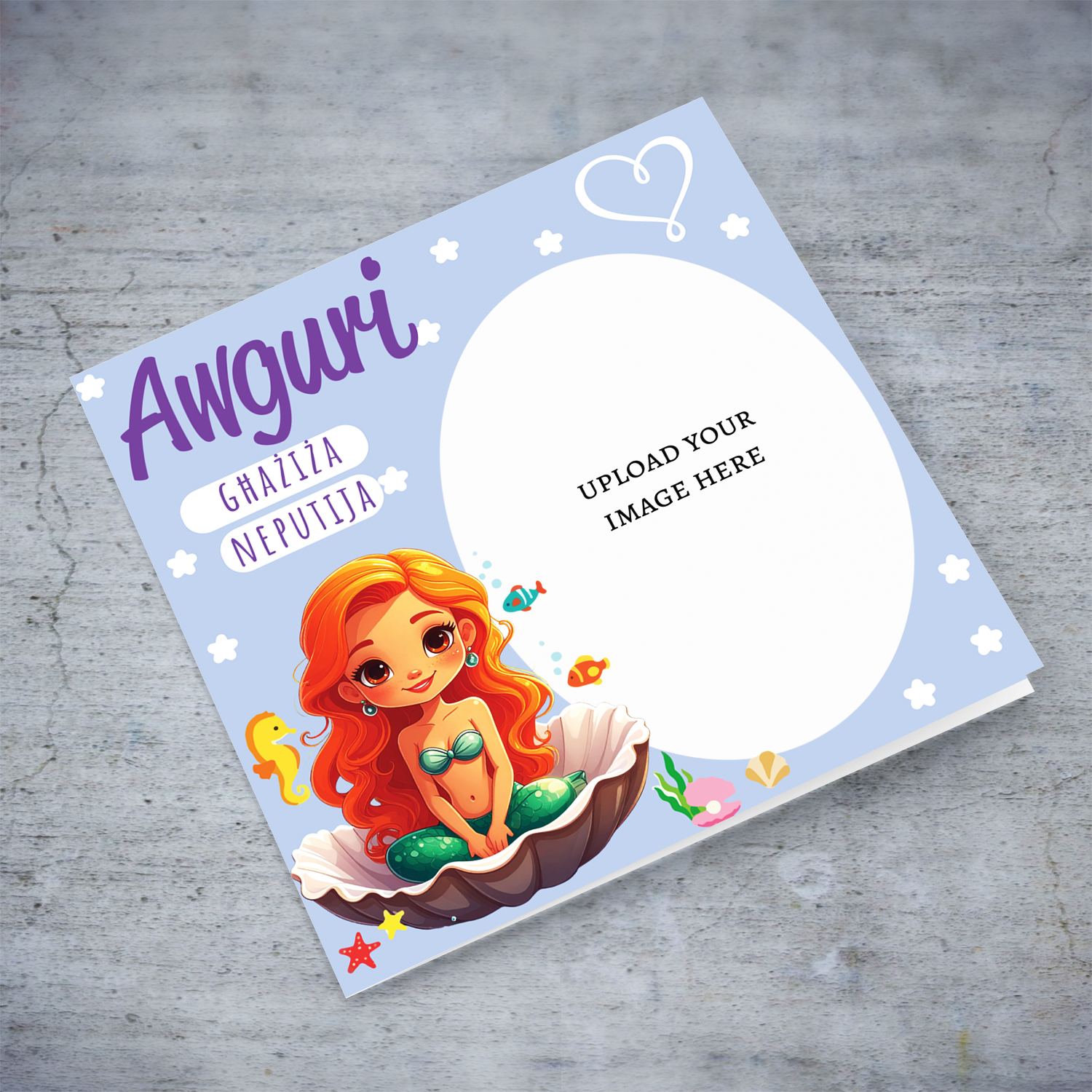 A photo birthday card for NIECE with a cute mermaid, sitting in an oyster shell in Maltese