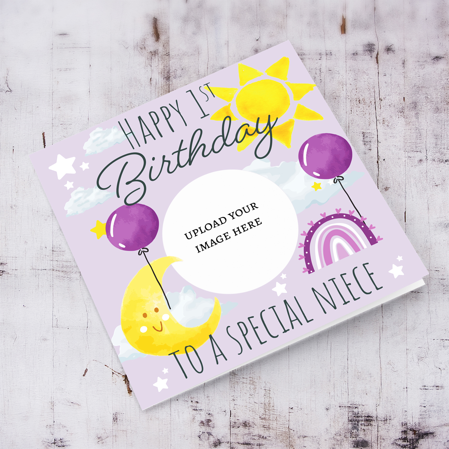 A purple circle shaped photo 1st birthday card for niece with the moon, sun, balloons & rainbow in English