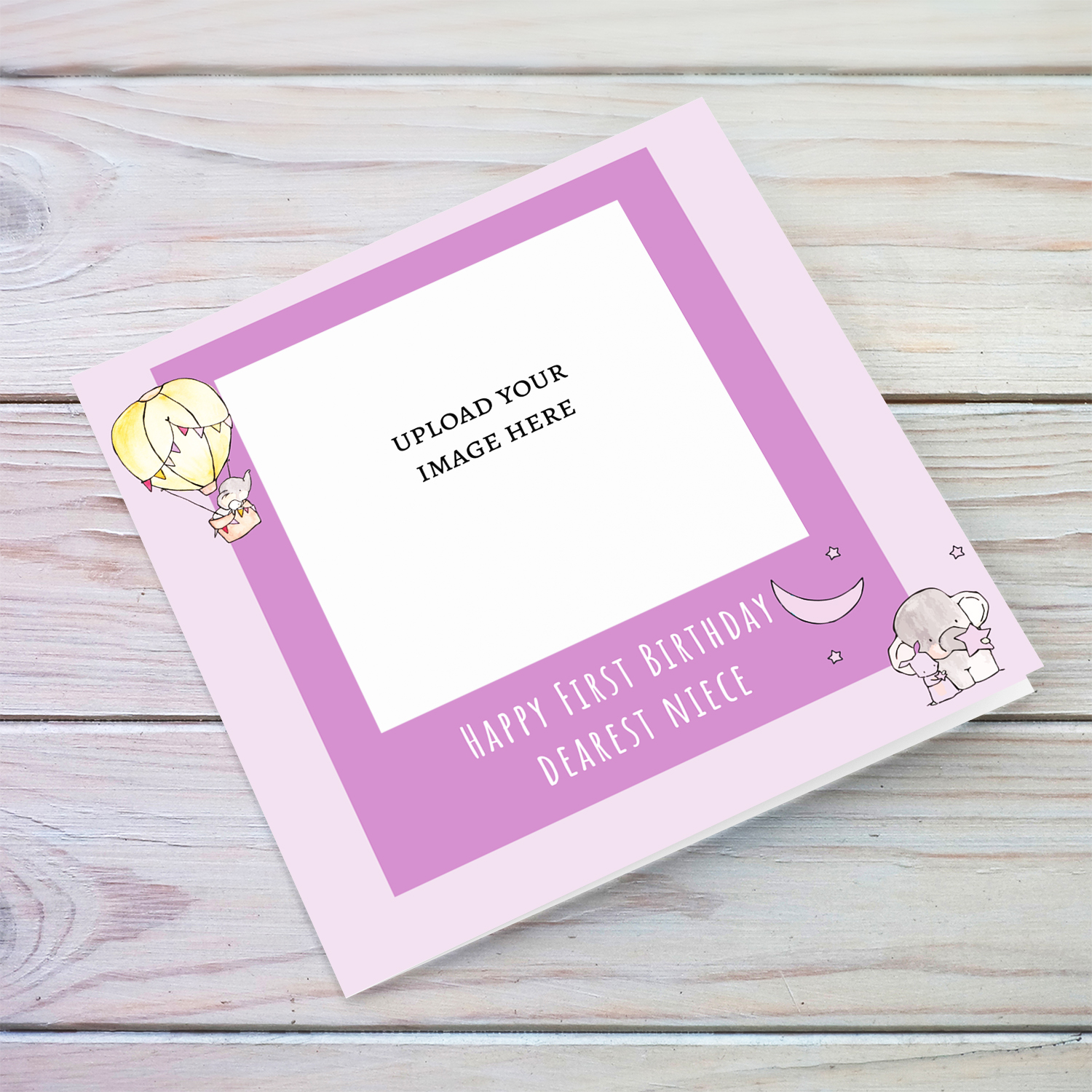 A photo birthday card for niece's first birthday with cute elephants in shades of pink/purple background in English
