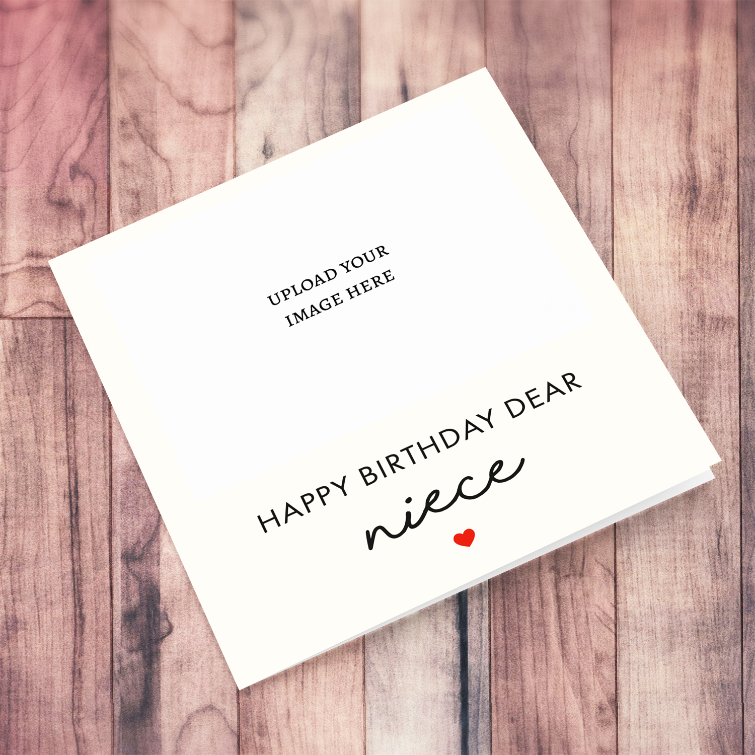 Minimalist photo birthday card for niece with cream background and red heart in English