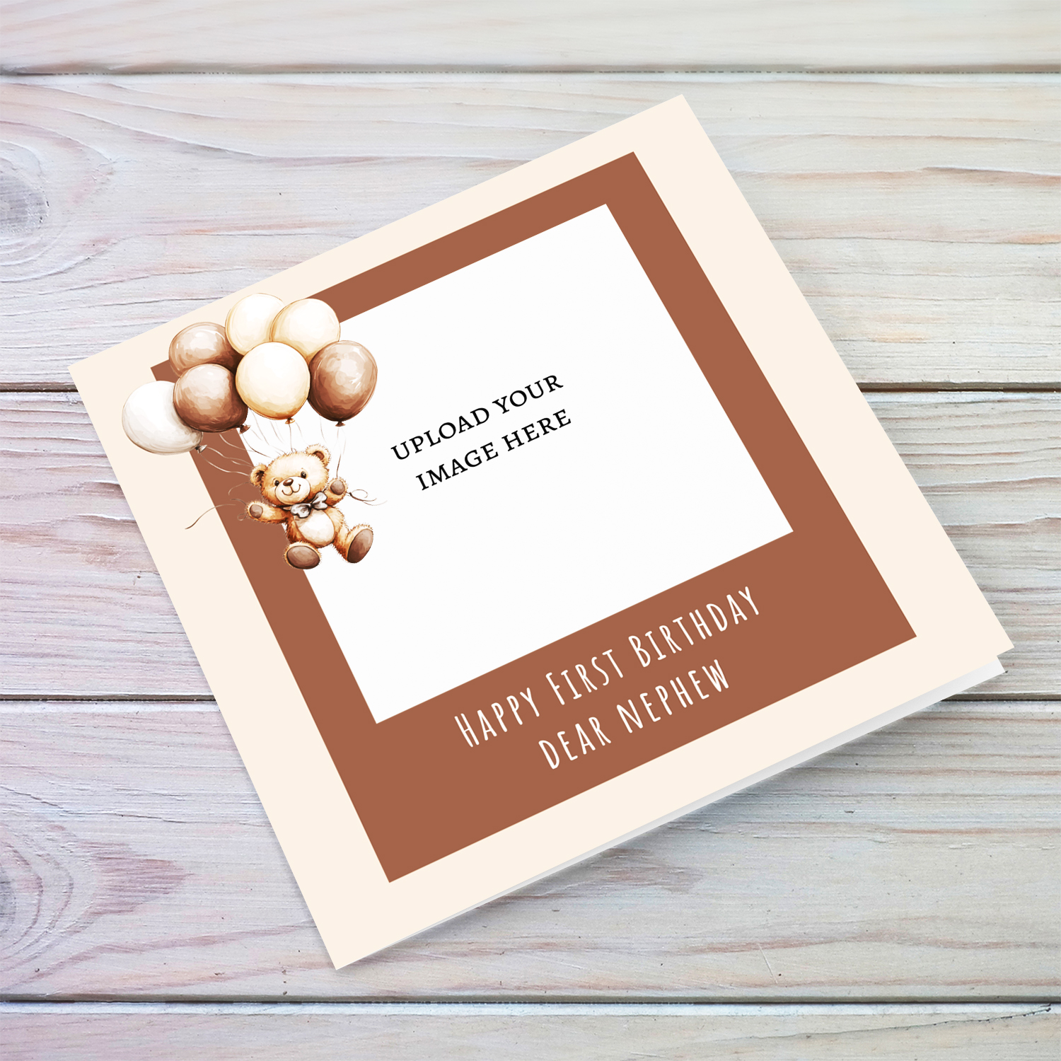 A cute bear themed first birthday card for nephew in a neutral background in English