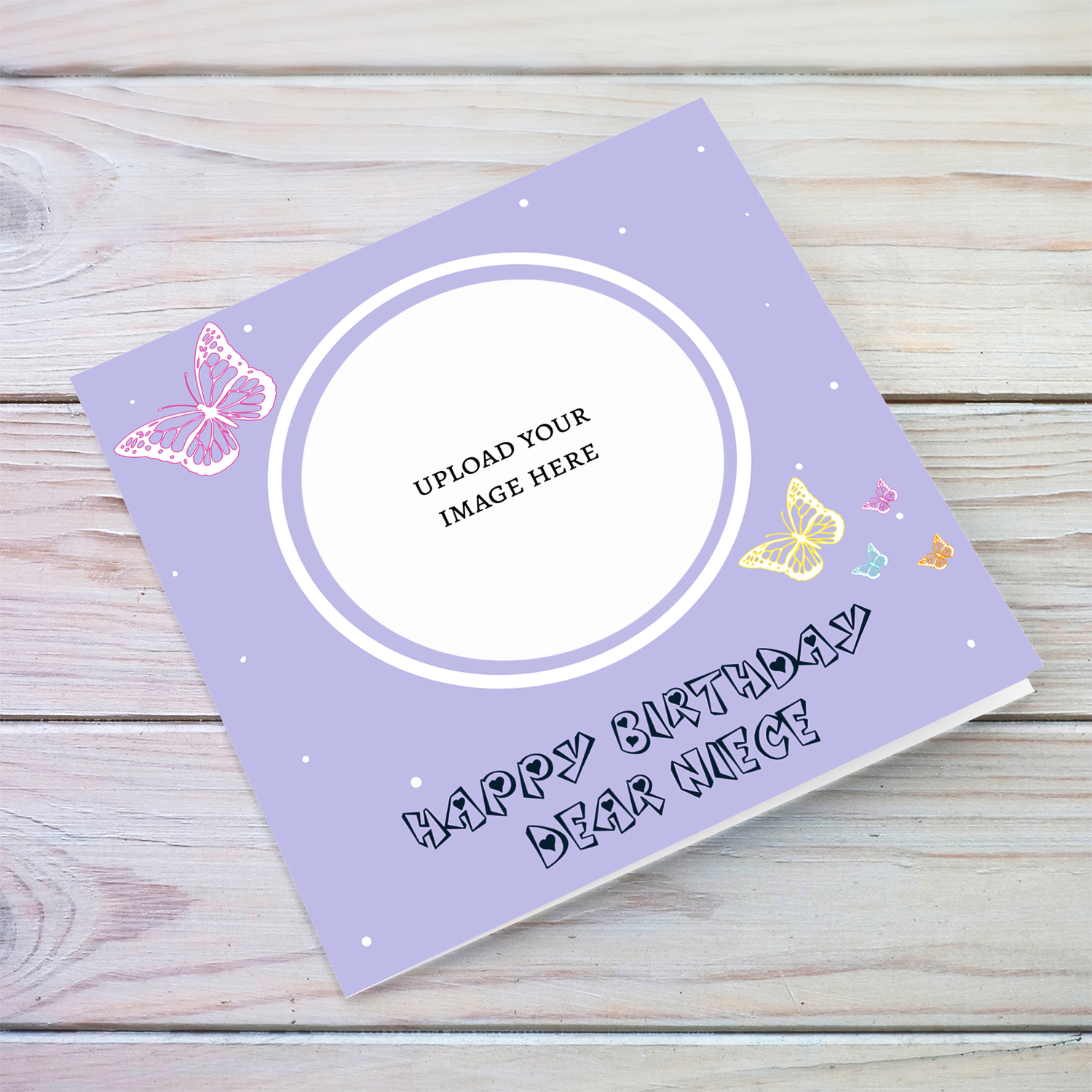 A cute photo birthday card for Niece in a light purple background with colourful butterflies in English