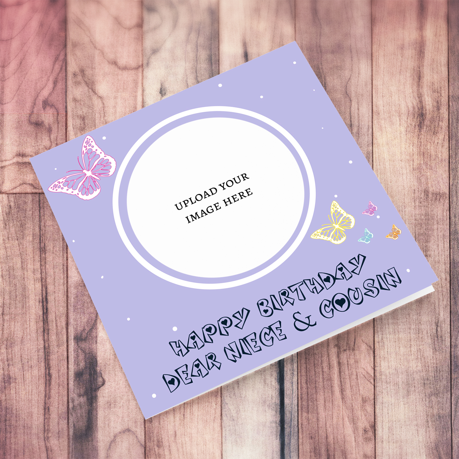 A cute photo birthday card for niece & Cousin in a light purple background with colourful butterflies in English