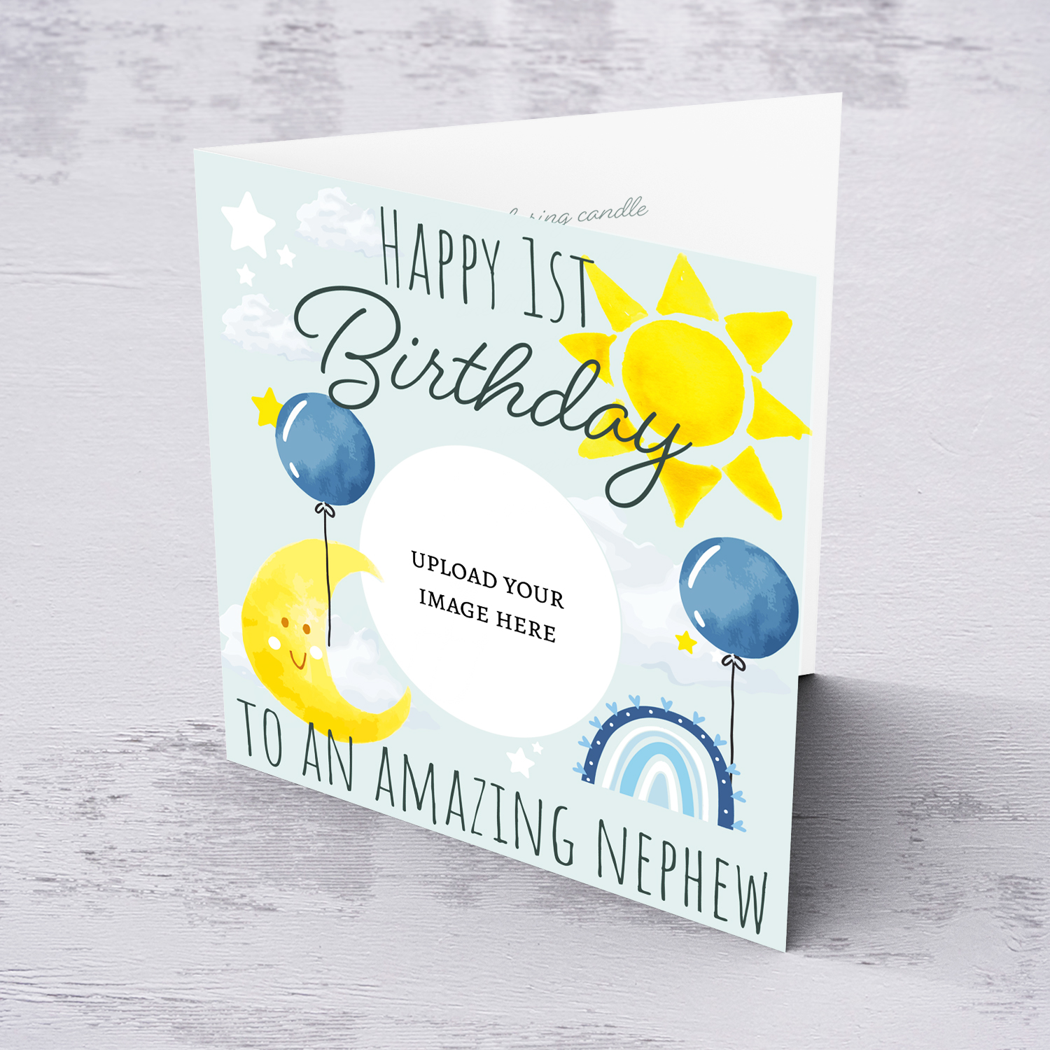 Circle shaped photo 1st birthday card for nephew with the moon, sun, blue balloons & rainbow in English