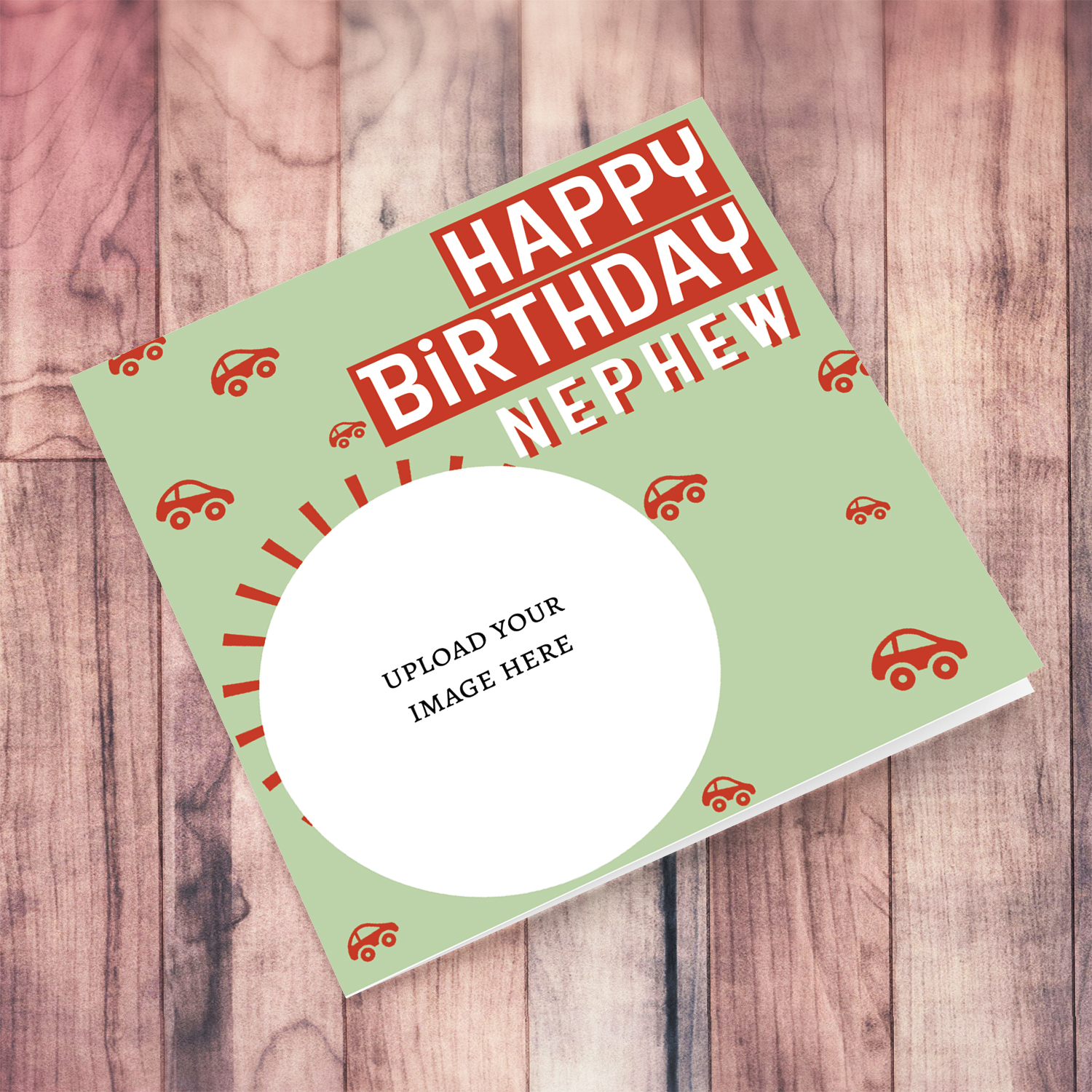 Happy Birthday Nephew circle photo card in green background with scattered cars in English