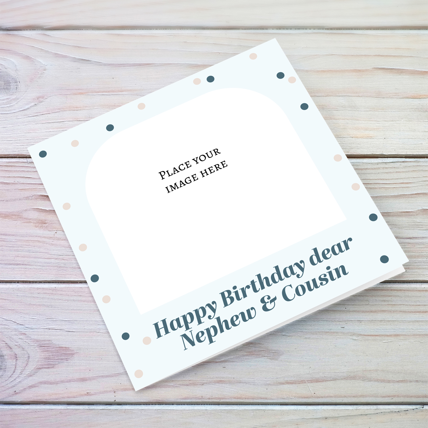 Photo birthday card for nephew & cousin in light blue coloured background and scattered dots in English