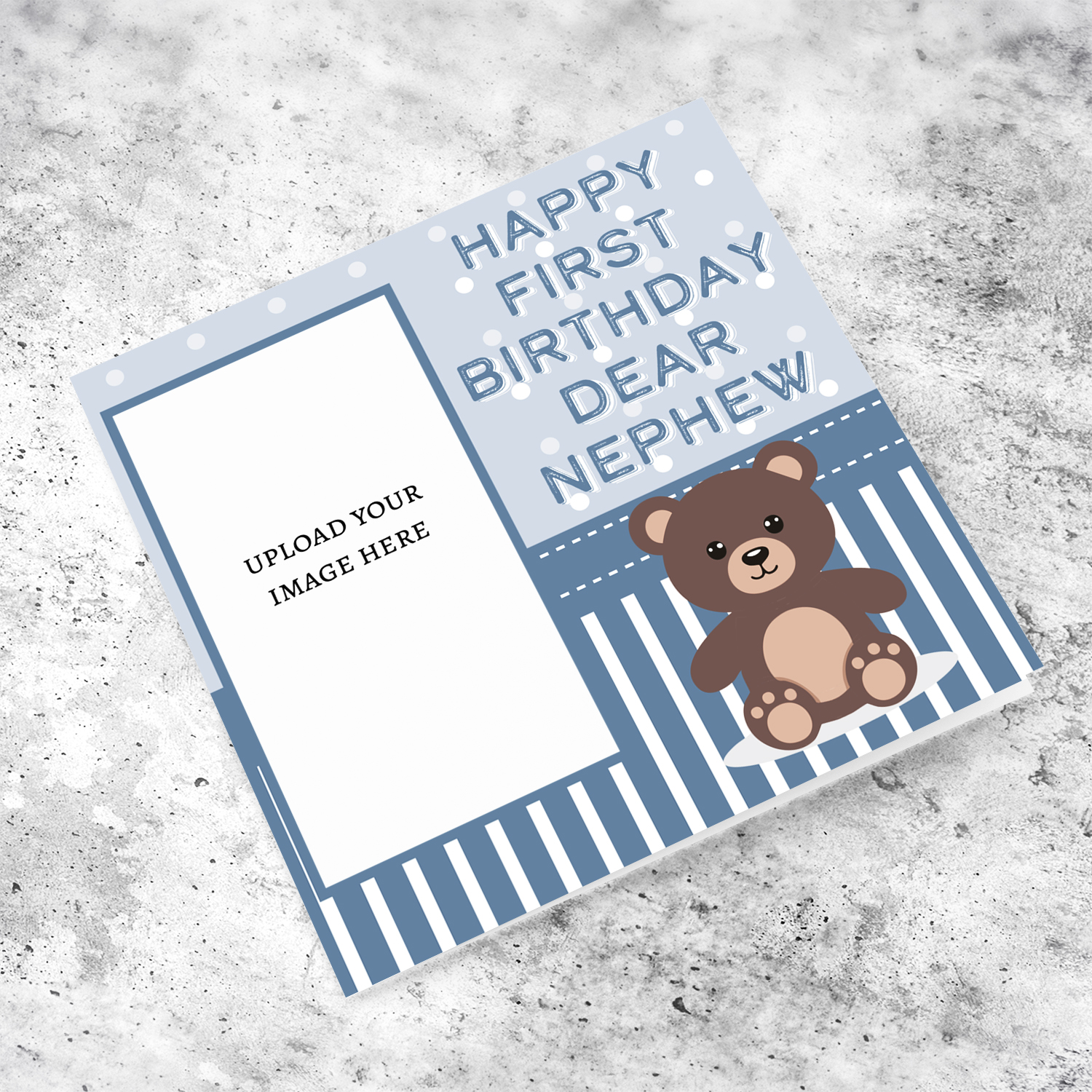A cute photo card for nephew's first birthday in spotted light blue background and shades of dark blue and white in English