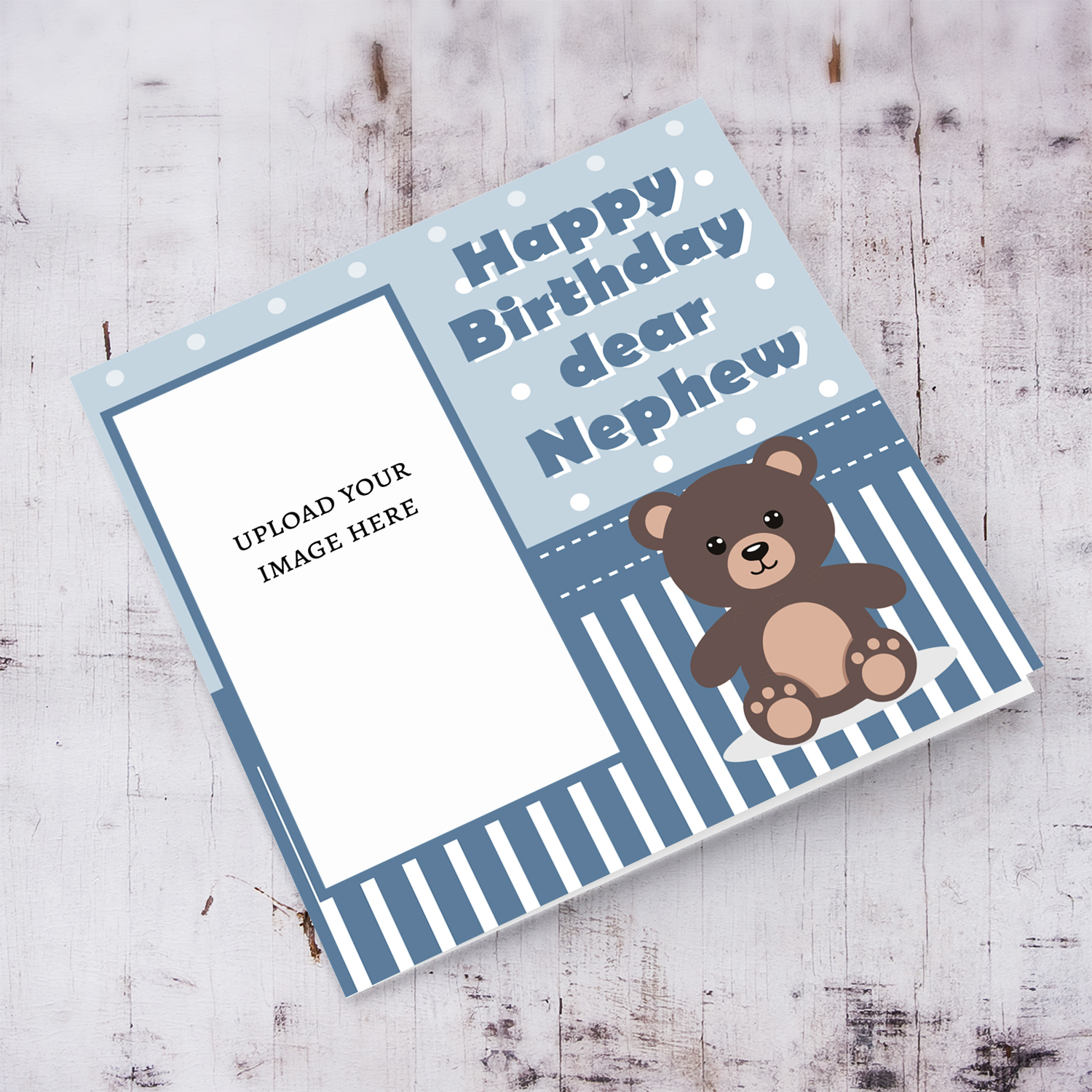 A cute photo card for nephew's birthday in spotted light blue background and shades of dark blue and white in English