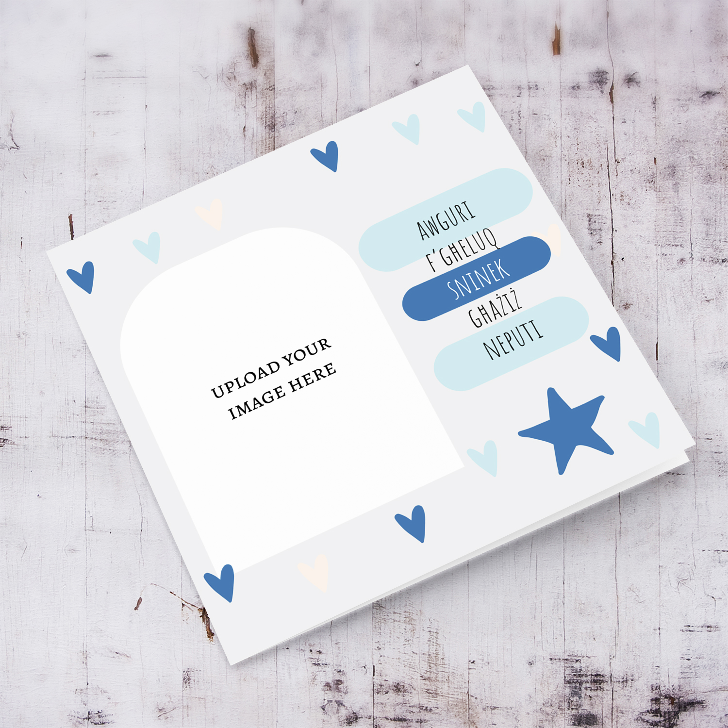 A beautiful modern photo birthday card for nephew in light grey background, scattered hearts in shades of blue in Maltese 