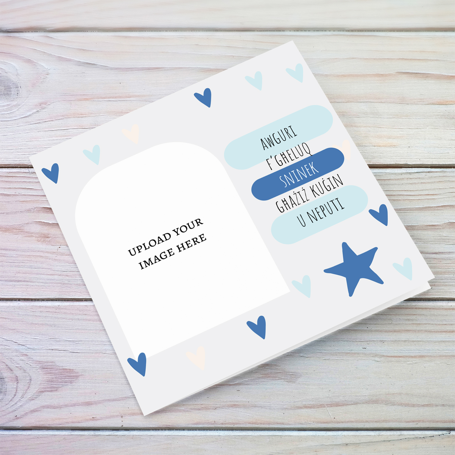 A beautiful modern photo birthday card for cousin & nephew in light grey background, scattered hearts in shades of blue in Maltese (2 in 1)