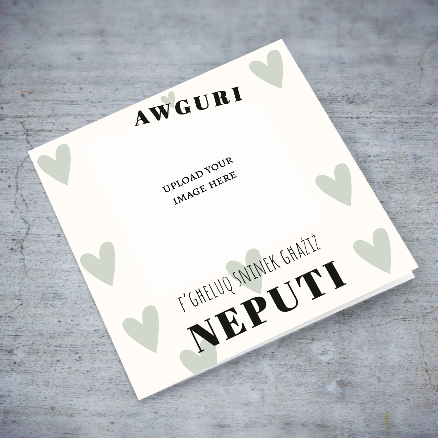 A photo birthday card for NEPHEW  in a cream background with scattered pastel green hearts in Maltese