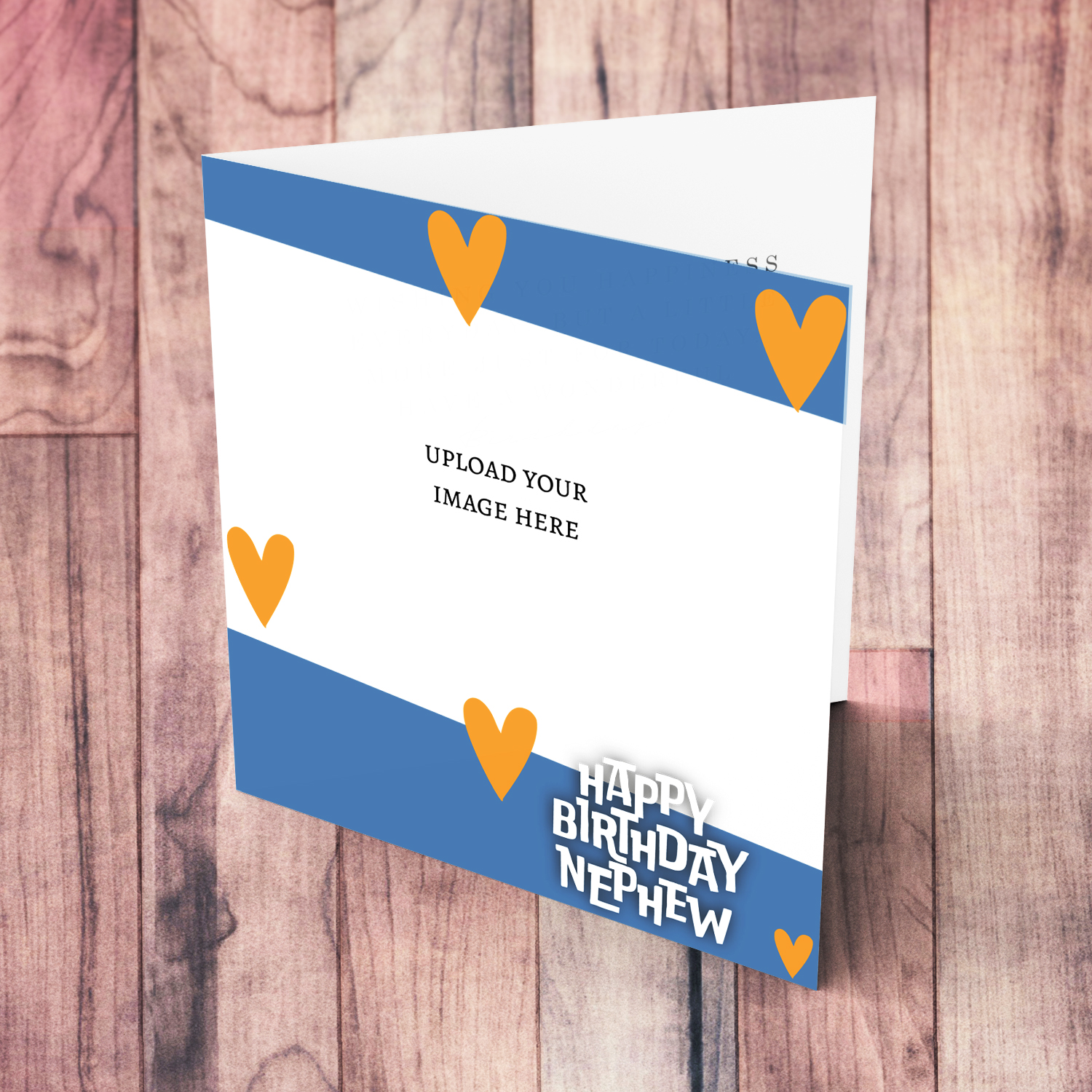 A photo birthday card for NEPHEW with touches of blue and orange scattered hearts in English