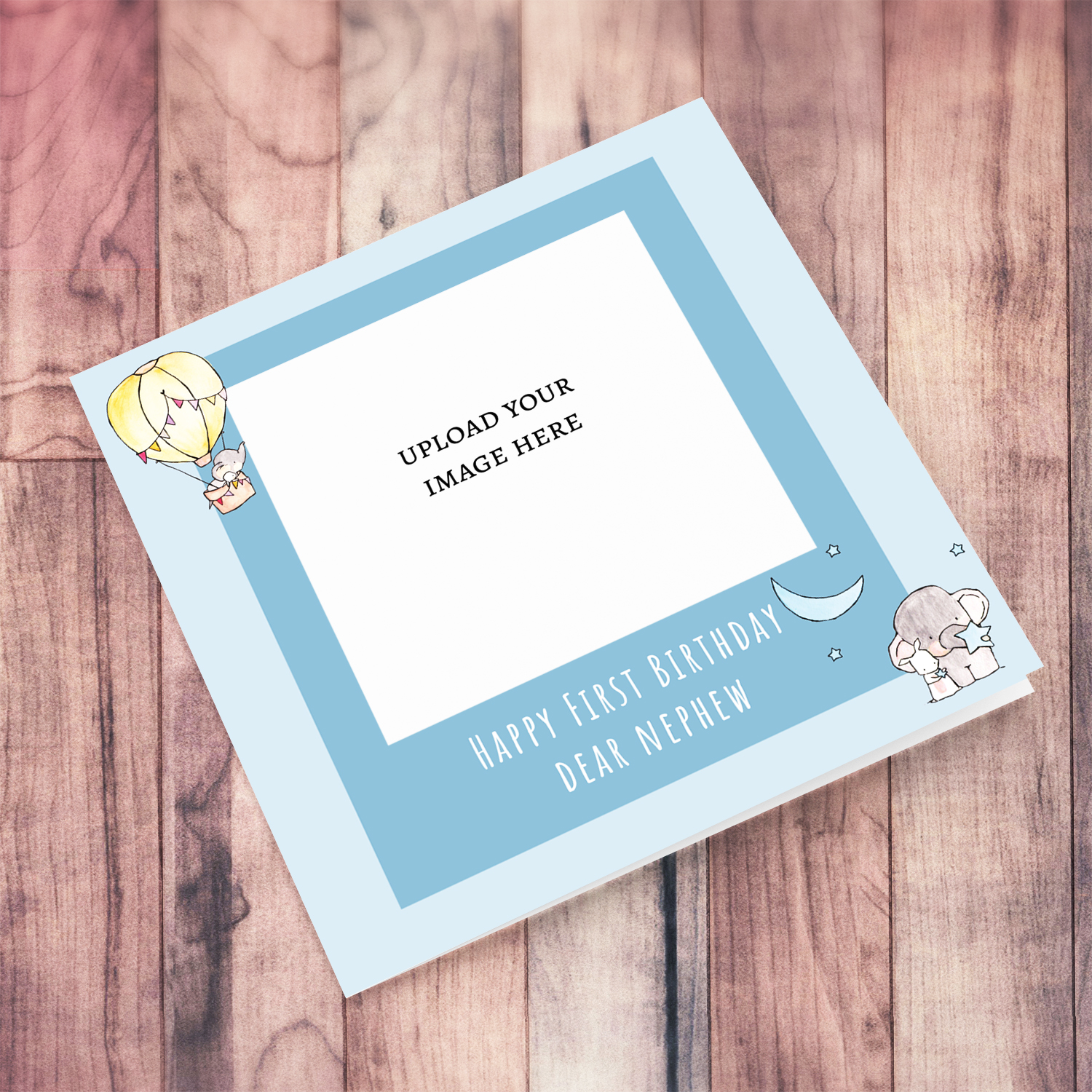 A photo birthday card for nephew's first birthday with cute elephants in shades of blue background in English