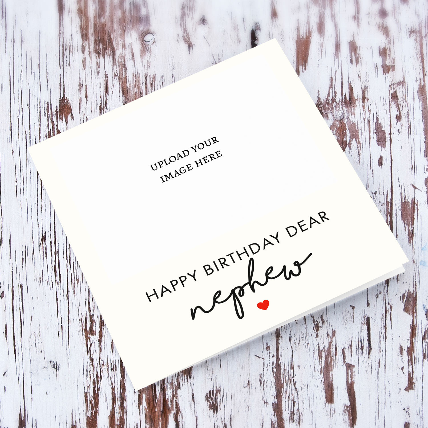 Minimalist photo birthday card for nephew with cream background and red heart in English