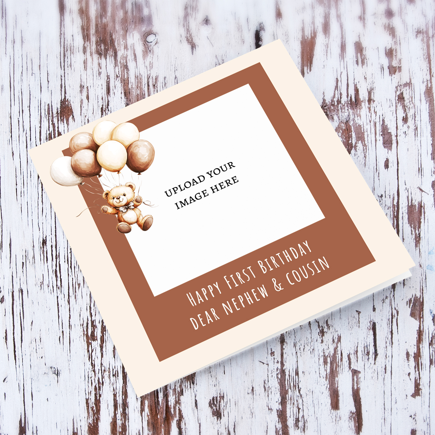 A cute bear themed first birthday card for nephew & cousin in a neutral background in English