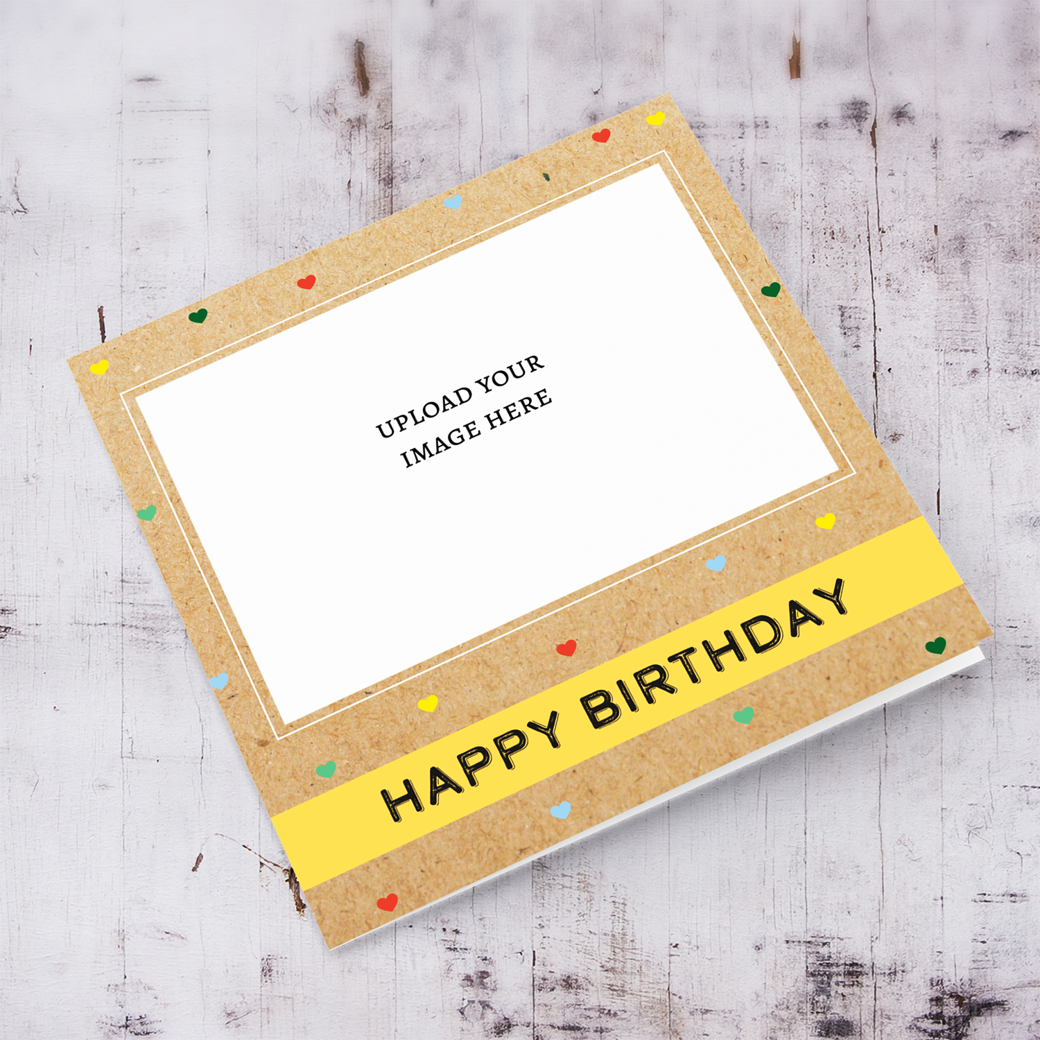 Photo birthday card with colourful scattered hearts in English