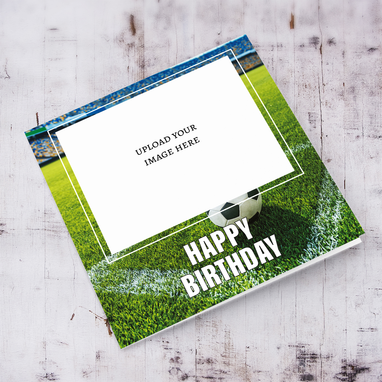 Football ground themed open photo birthday card in English