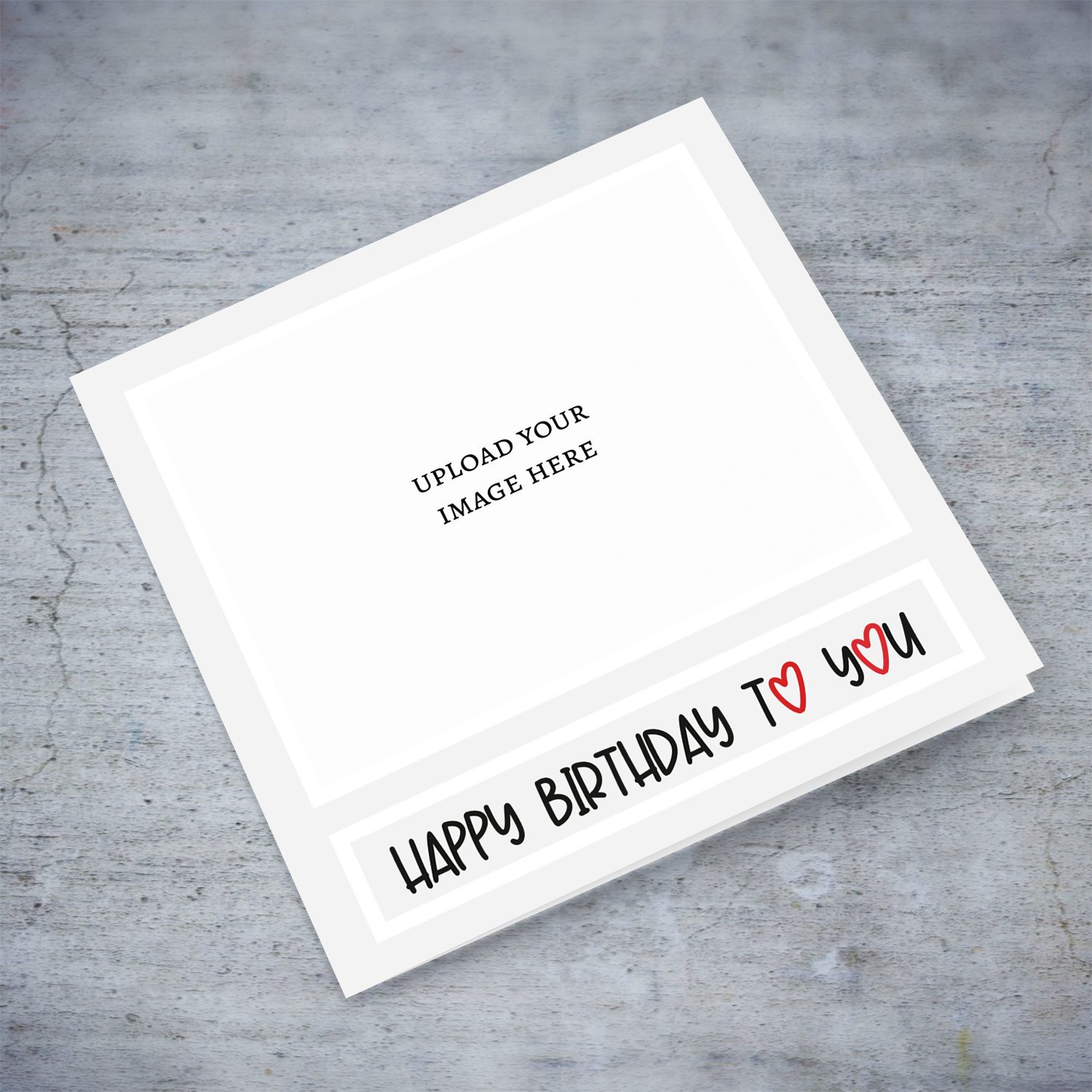Happy Birthday to you photo card in light gray background and red heart in text in English (Blank message) 