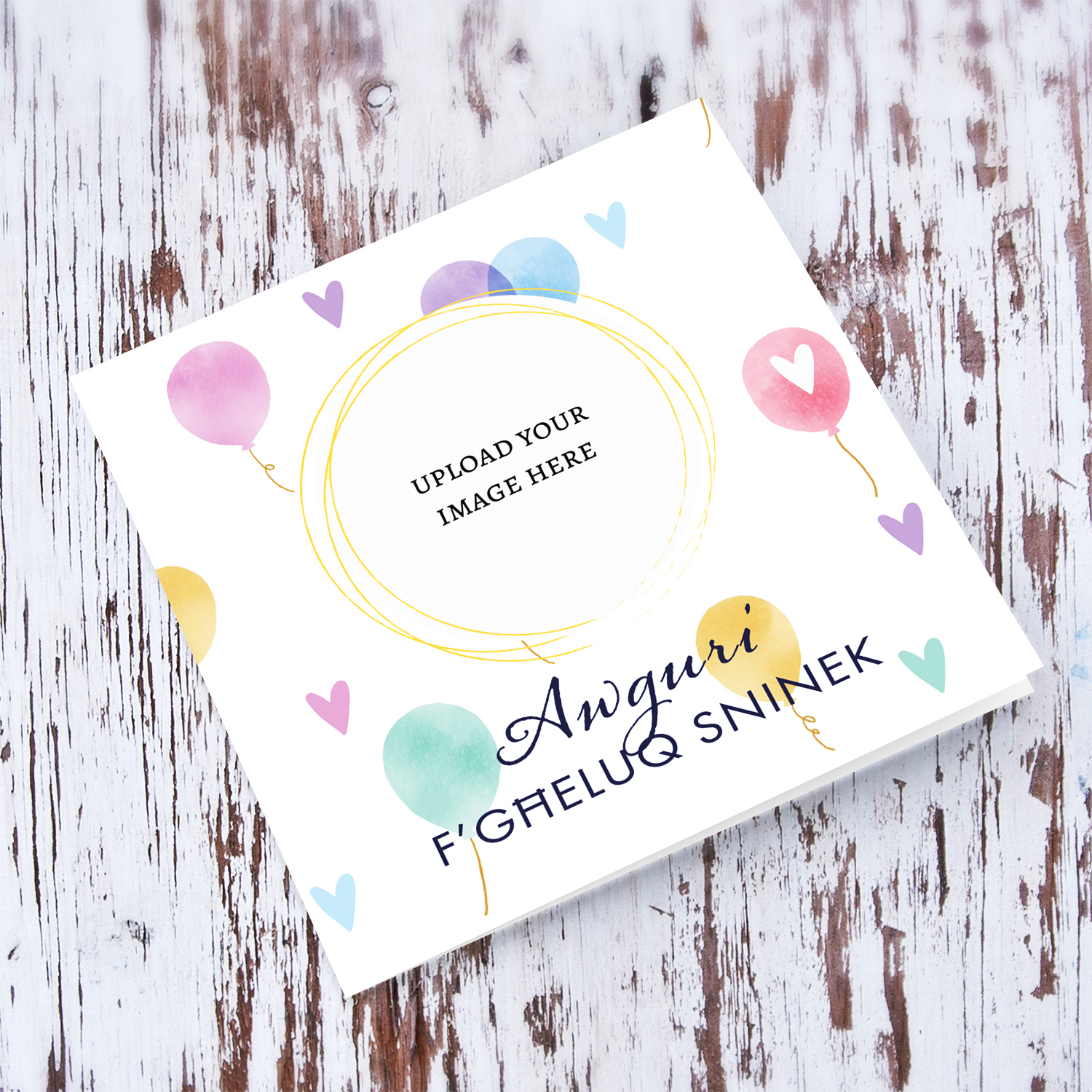Cute balloon themed photo card in light pastel colours and white background in Maltese